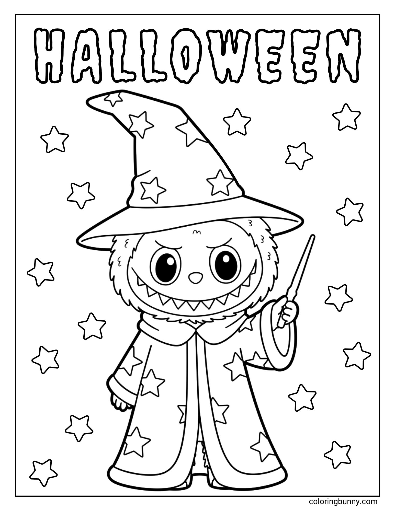 A magical Labubu Halloween coloring sheet with the word 'Halloween' at the top. The main character is the monster Labubu, dressed in a wizard's robe and hat covered in stars. He has a grumpy, determined look on his face as he holds up a magic wand, ready to cast a spell.