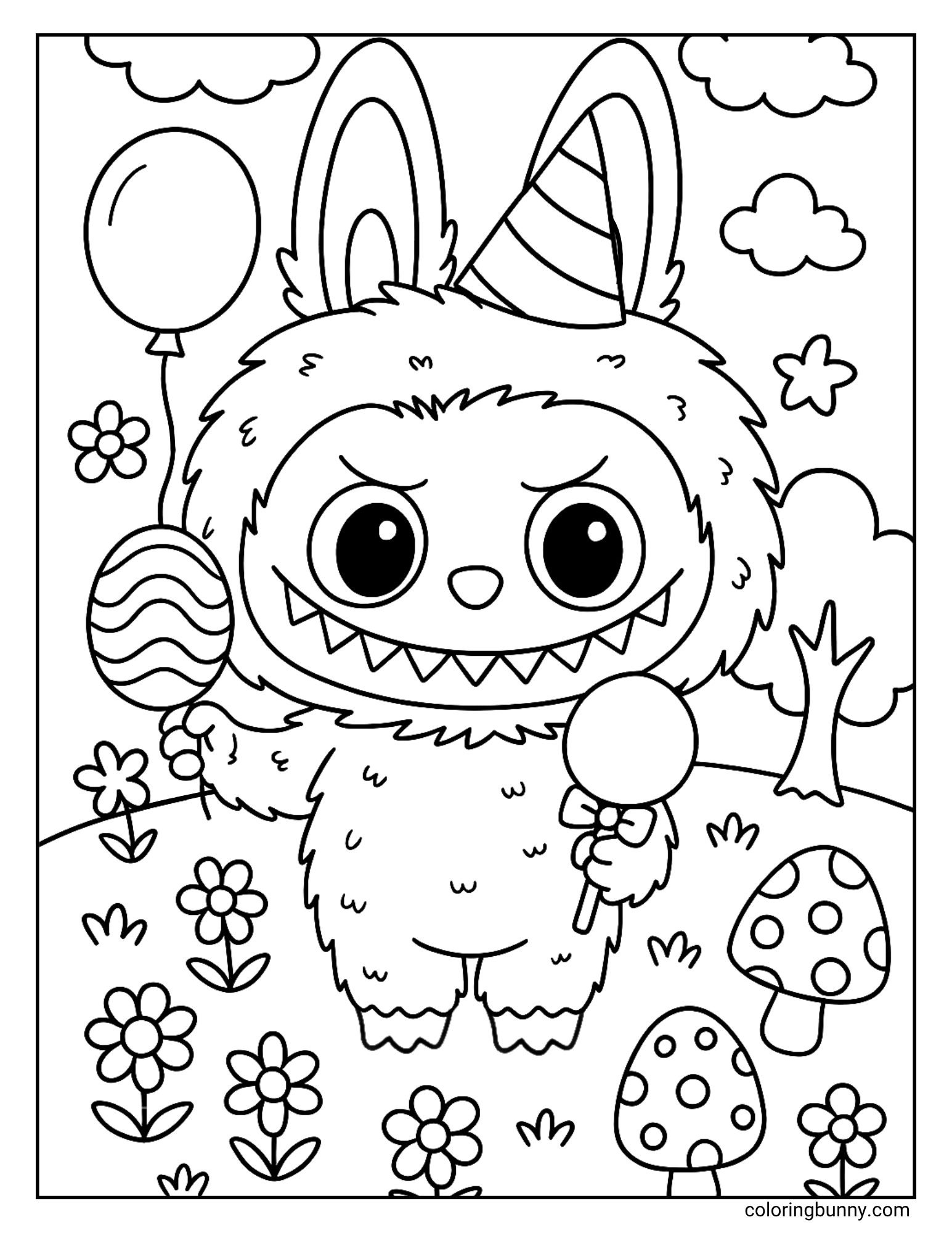 A black and white Labubu coloring page showing Labubu wearing a party hat and holding a lollipop and a balloon, standing among flowers and mushrooms.