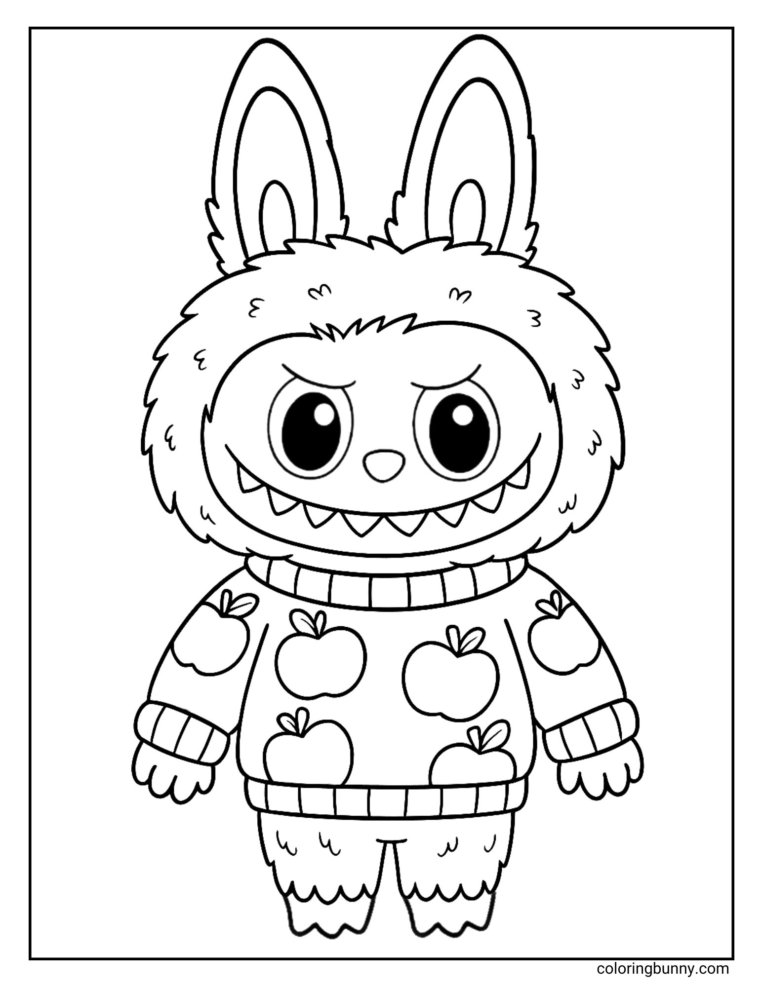 A black and white Labubu coloring page showing the character in a jumping pose while wearing a sweater with apples on it.