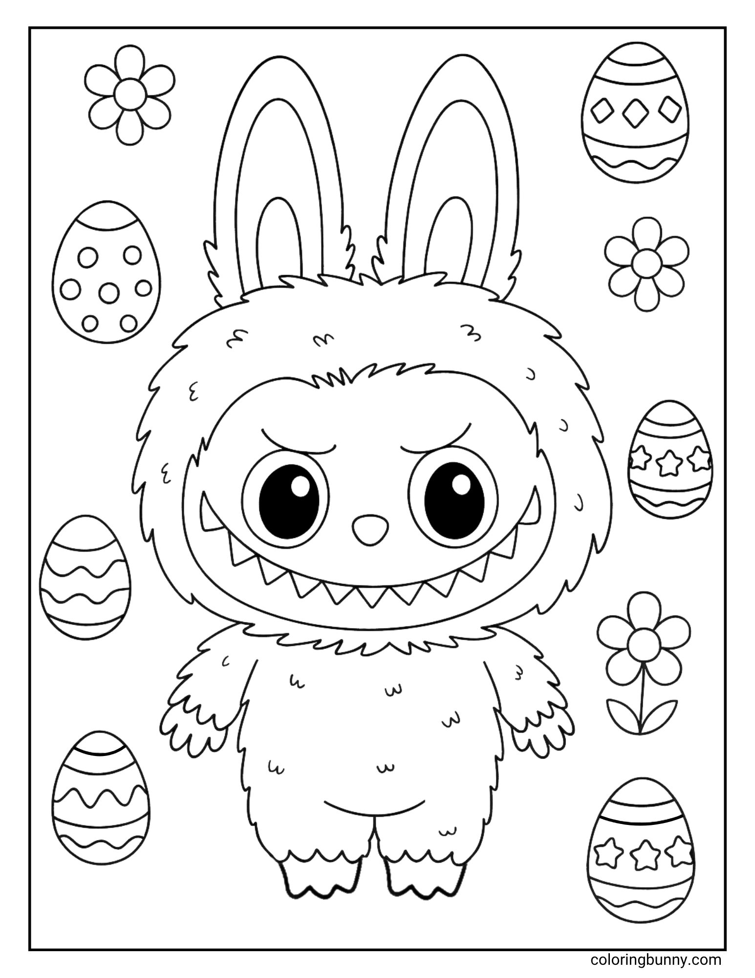 A black and white Labubu coloring page showing Labubu standing among a variety of decorated Easter eggs and flowers.
