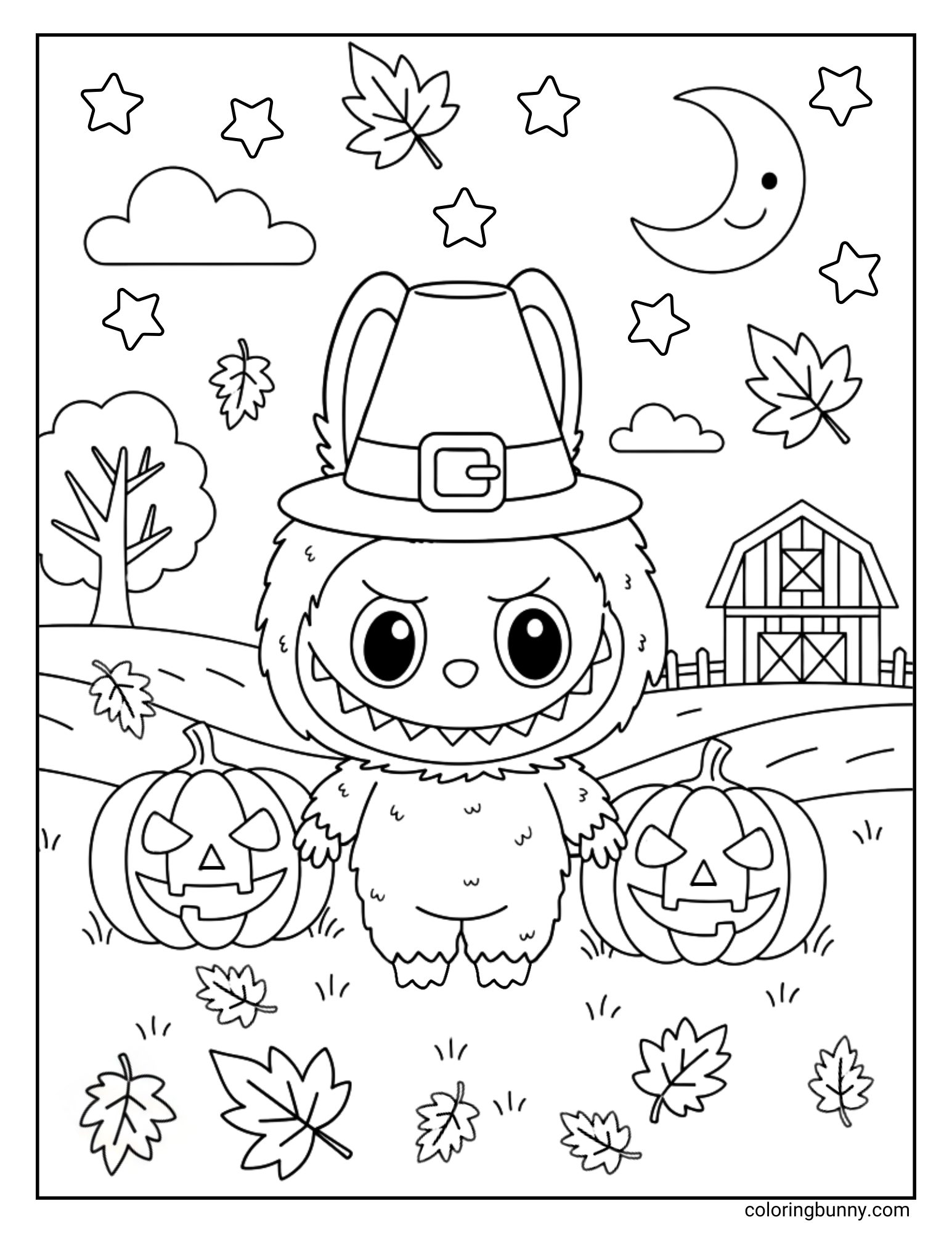Farm-themed Labubu coloring page of the cute monster, Labubu. He is wearing a pilgrim hat and standing between two jack-o'-lanterns on a grassy hill, with a barn and a tree in the background under a smiling moon.