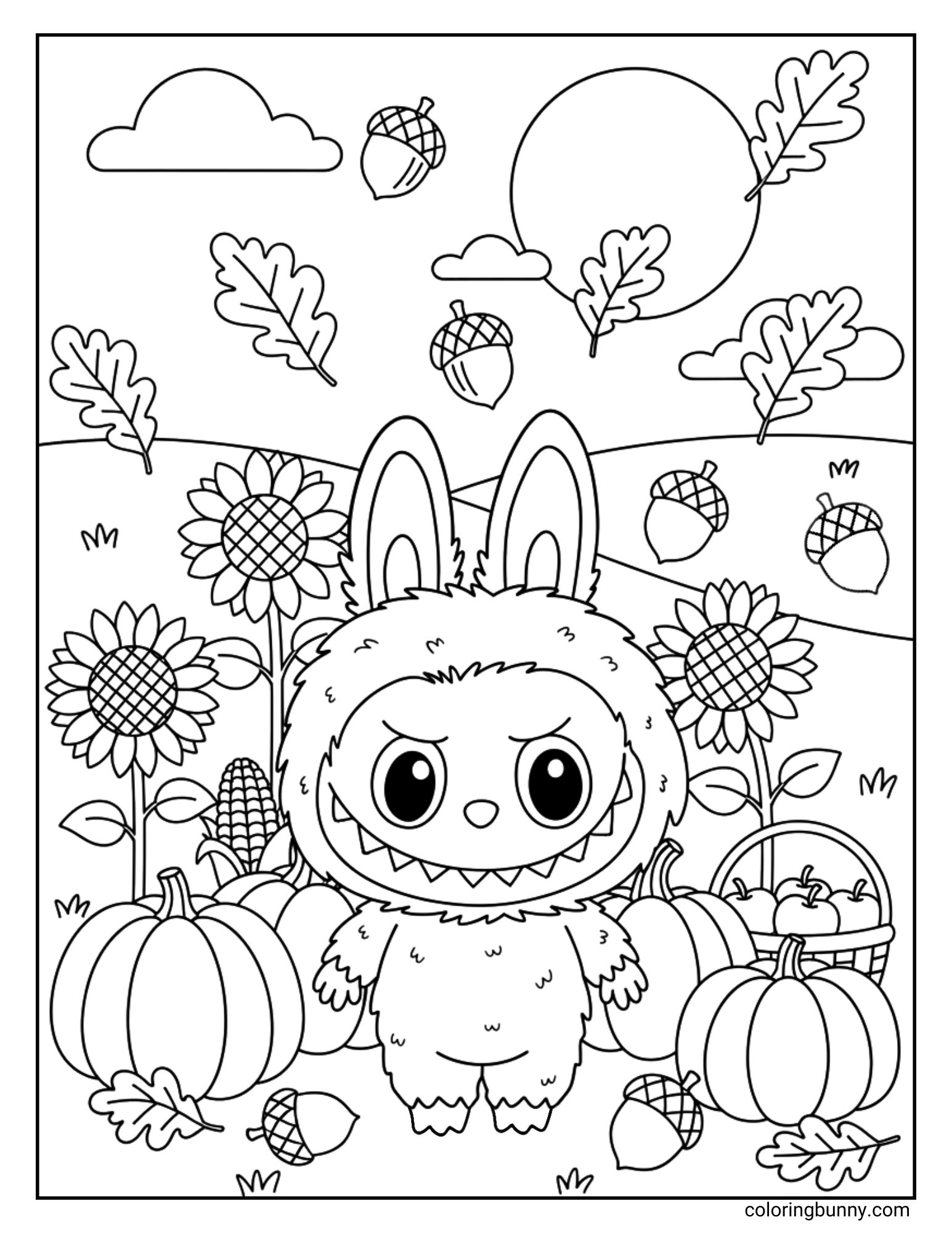 A bountiful autumn coloring page of the monster Labubu standing in the middle of his harvest. He has a grumpy expression but is surrounded by an abundance of pumpkins, sunflowers, a basket of apples, corn, and acorns under a full moon.