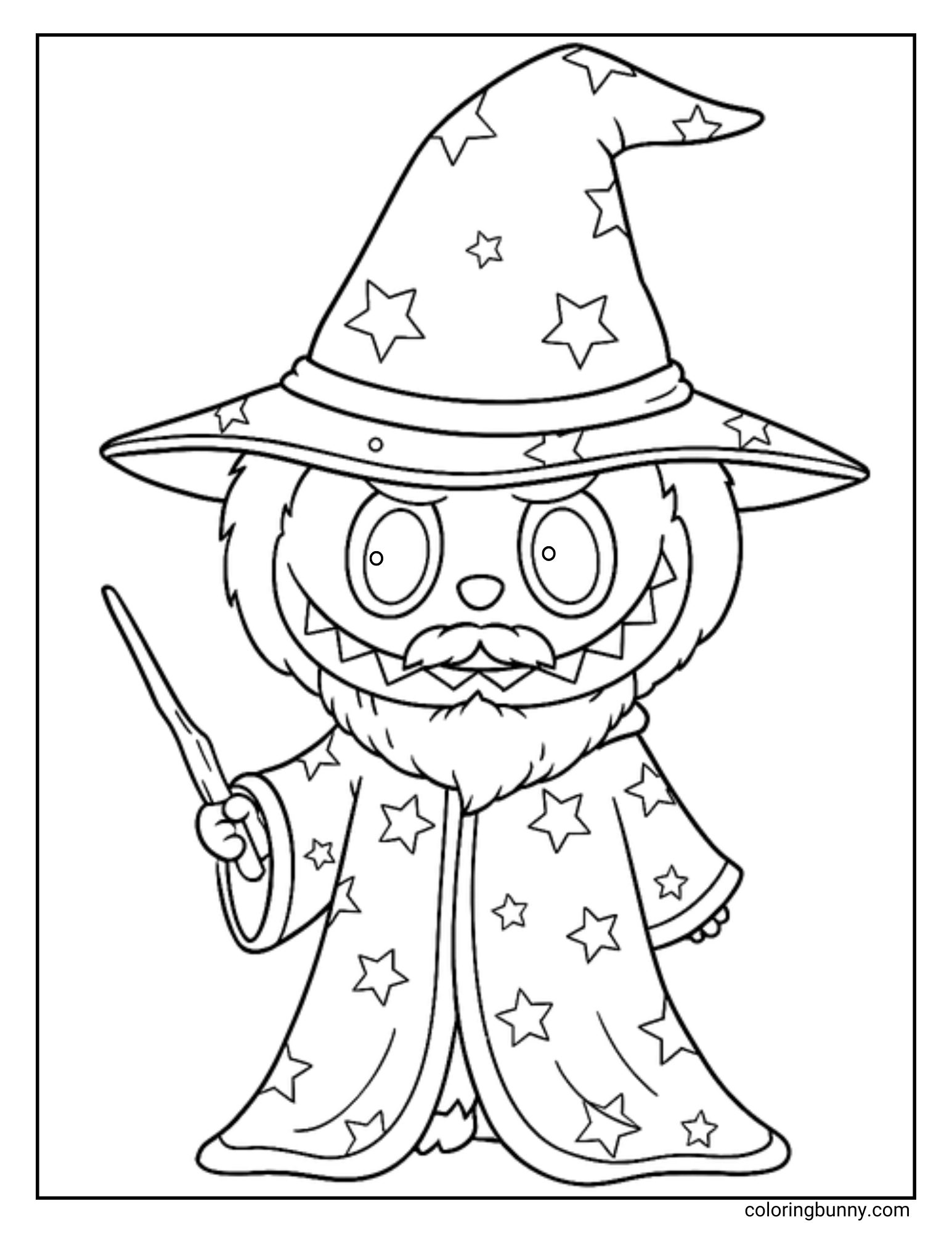 A fun coloring sheet of the monster character Labubu dressed up as a wizard. He is wearing a tall, pointed hat and a long robe covered in stars, holding a magic wand, and has a funny fake moustache on his face.