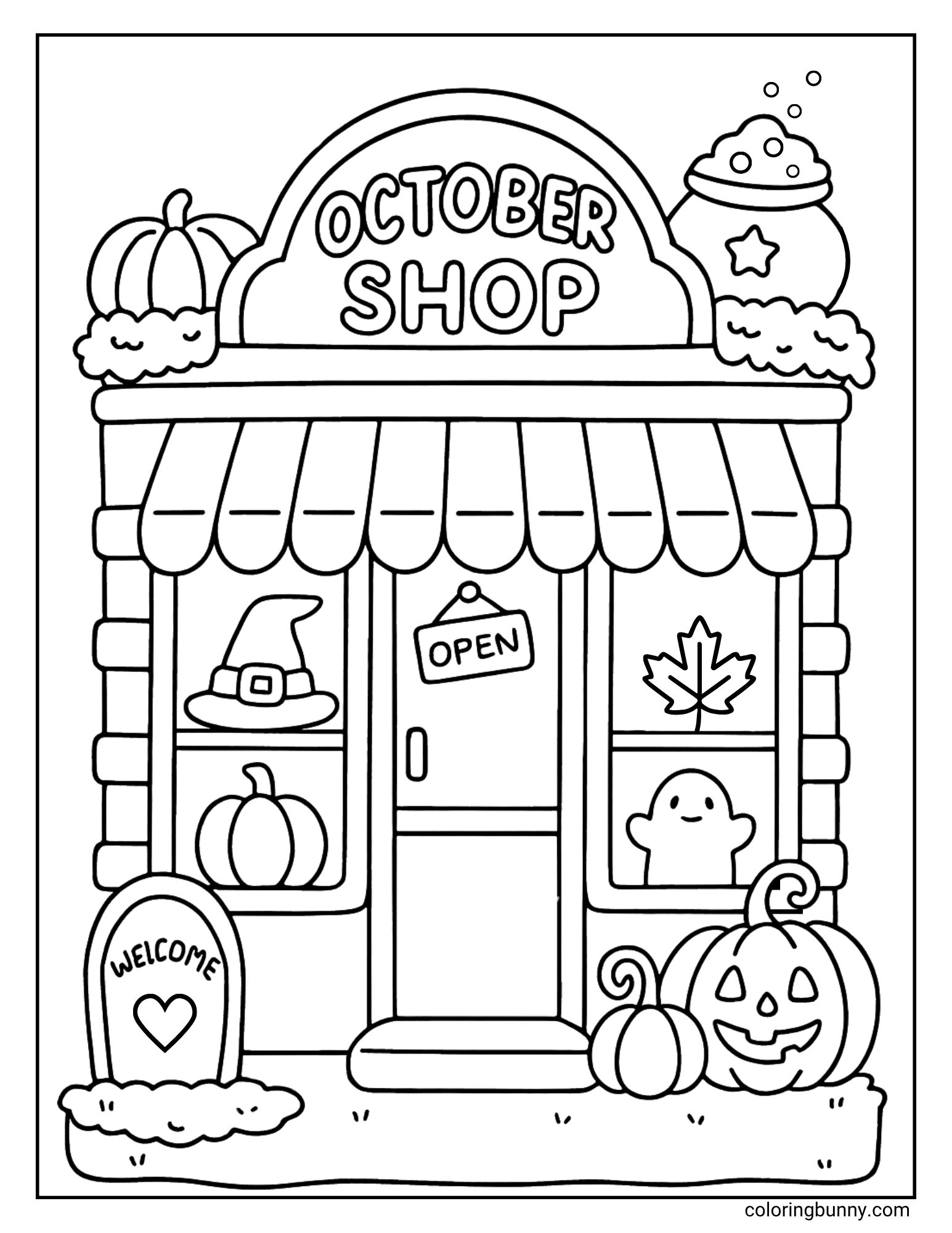 A magical October coloring sheet of a little storefront called the 'October Shop'. The shop is decorated with pumpkins and has a bubbling cauldron on the roof. A friendly ghost peeks from one window, a witch hat is in the other, and a welcome sign shaped like a tombstone sits out front.