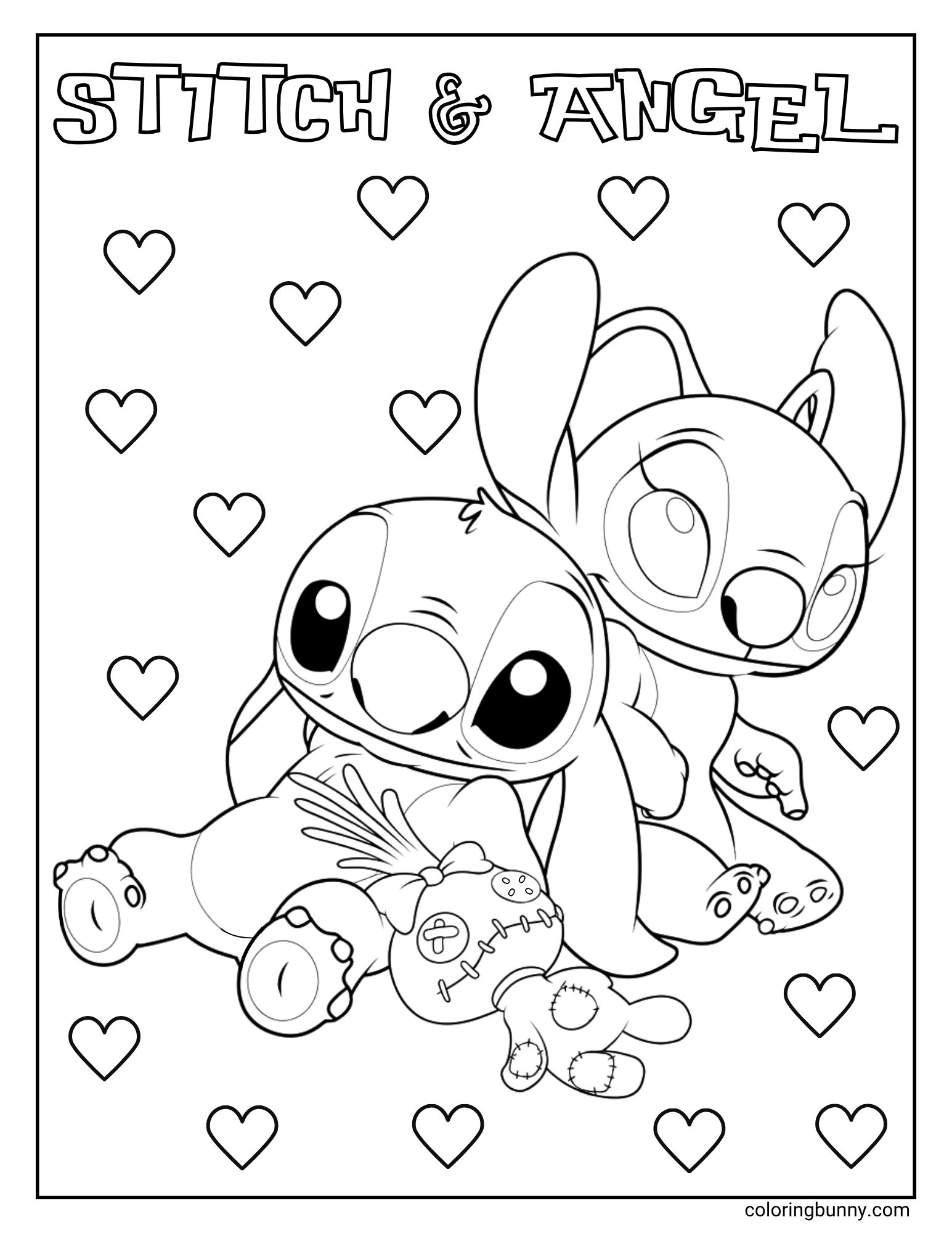 A coloring page of Disney's Stitch and Angel. Stitch is sitting in front holding a small doll of himself, while Angel peeks happily over his shoulder. The background is filled with hearts and their names, "STITCH & ANGEL," are at the top.