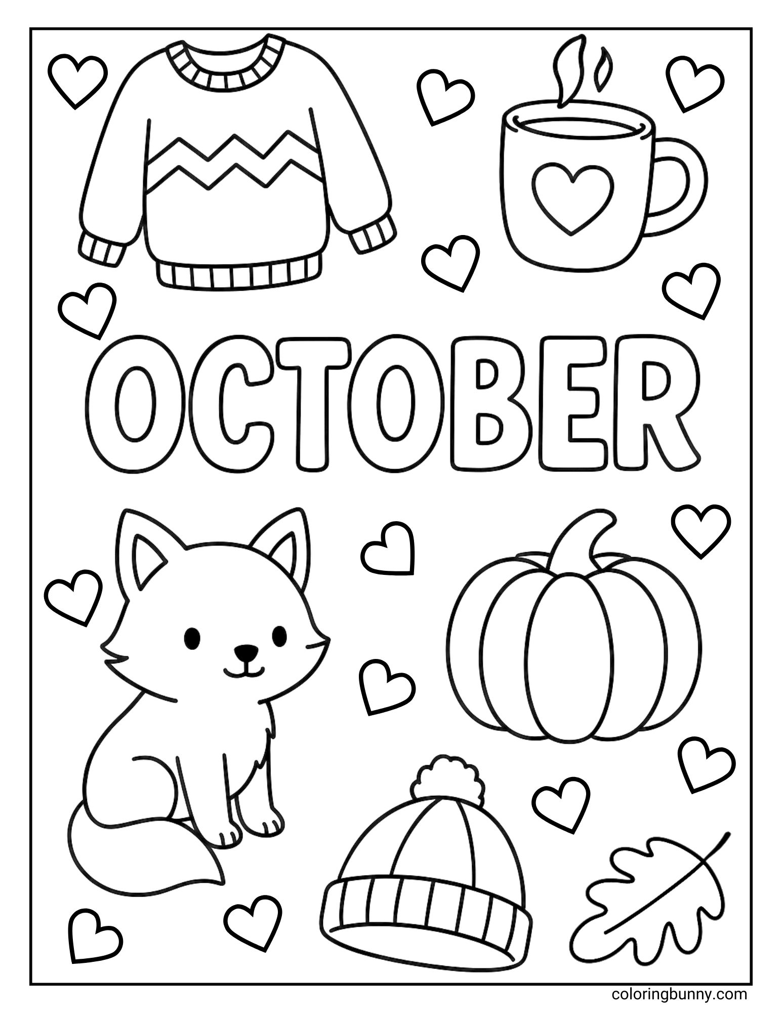 A sweet coloring page of things to love about October, with the word 'October' in the center. The page is filled with cute doodles, including a cozy jumper, a warm mug, a sitting fox, a pumpkin, a woolly hat, and many floating hearts.