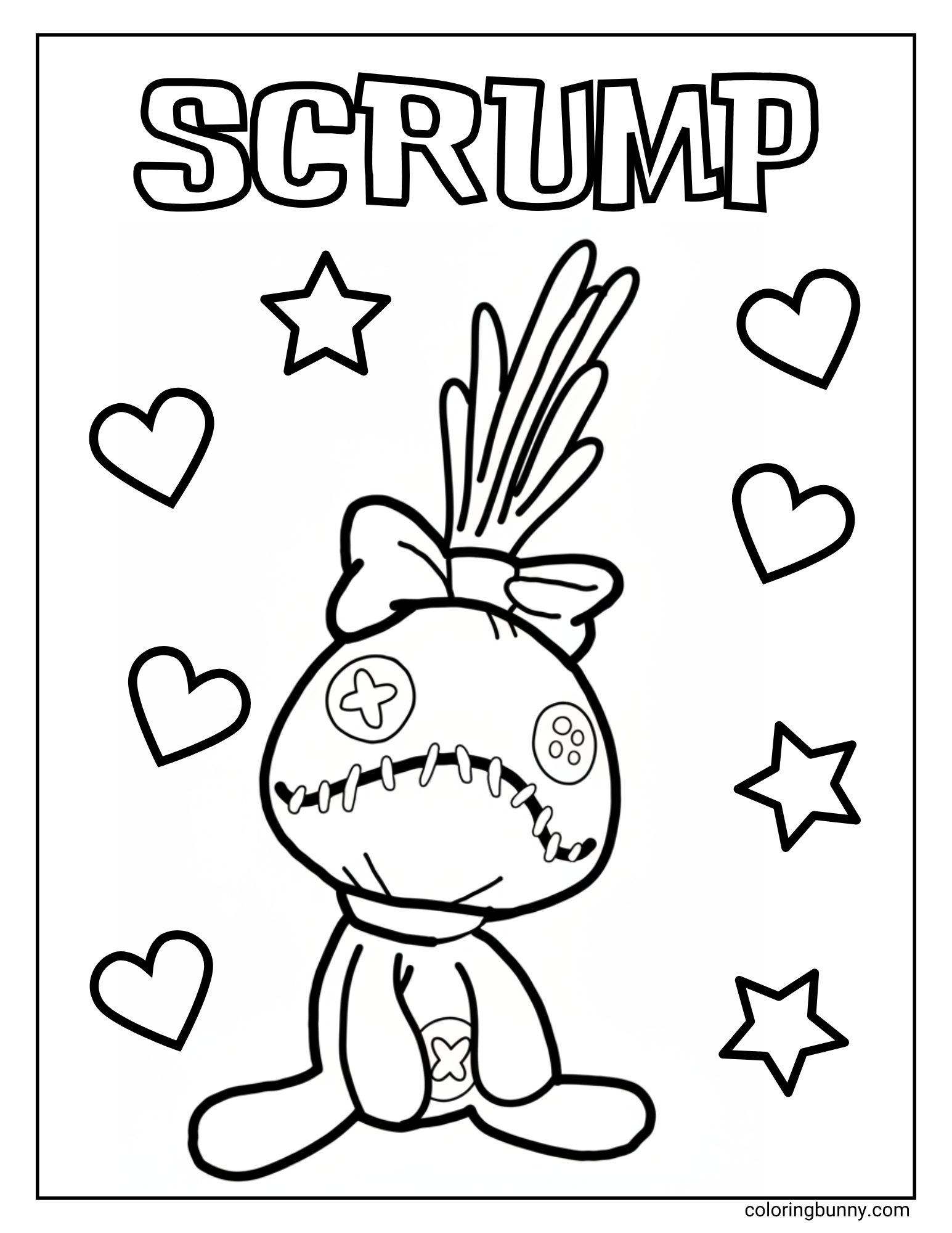 A Stitch coloring page of Lilo's doll, Scrump, from the Disney movie Lilo & Stitch. The beloved handmade doll is sitting down, surrounded by hearts and stars. Her name, "SCRUMP," is written in large letters at the top.