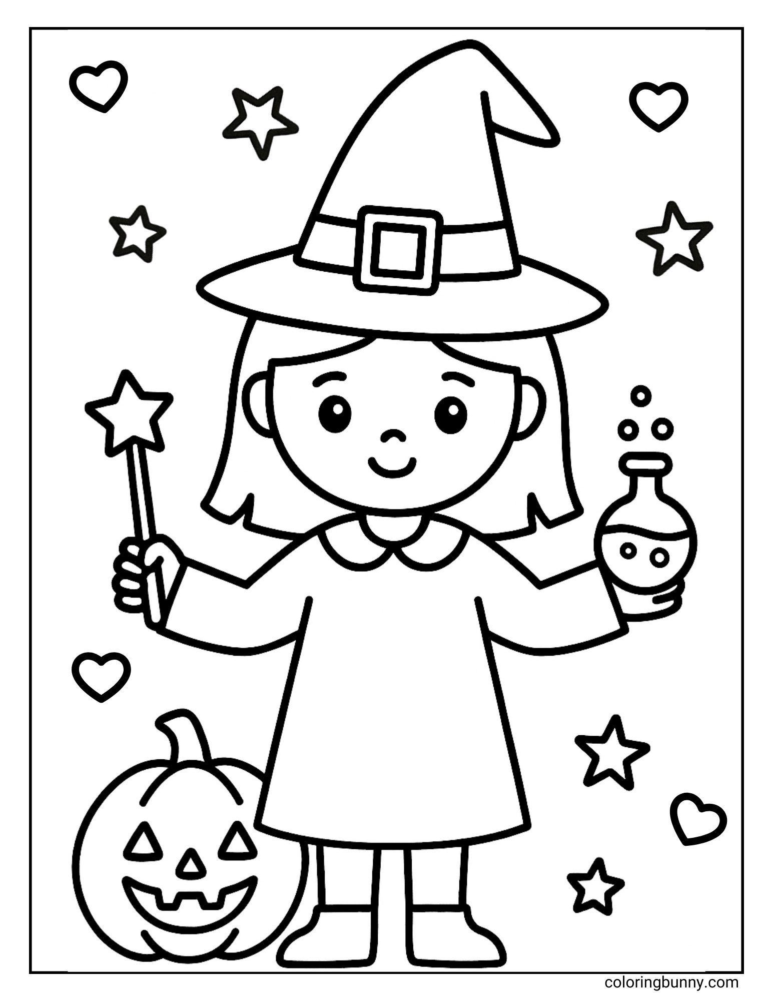 A simple and cute coloring page of a young witch. She is proudly holding a star-topped magic wand in one hand and a bubbling potion flask in the other. A friendly jack-o'-lantern sits at her feet, and the background is filled with stars and hearts.