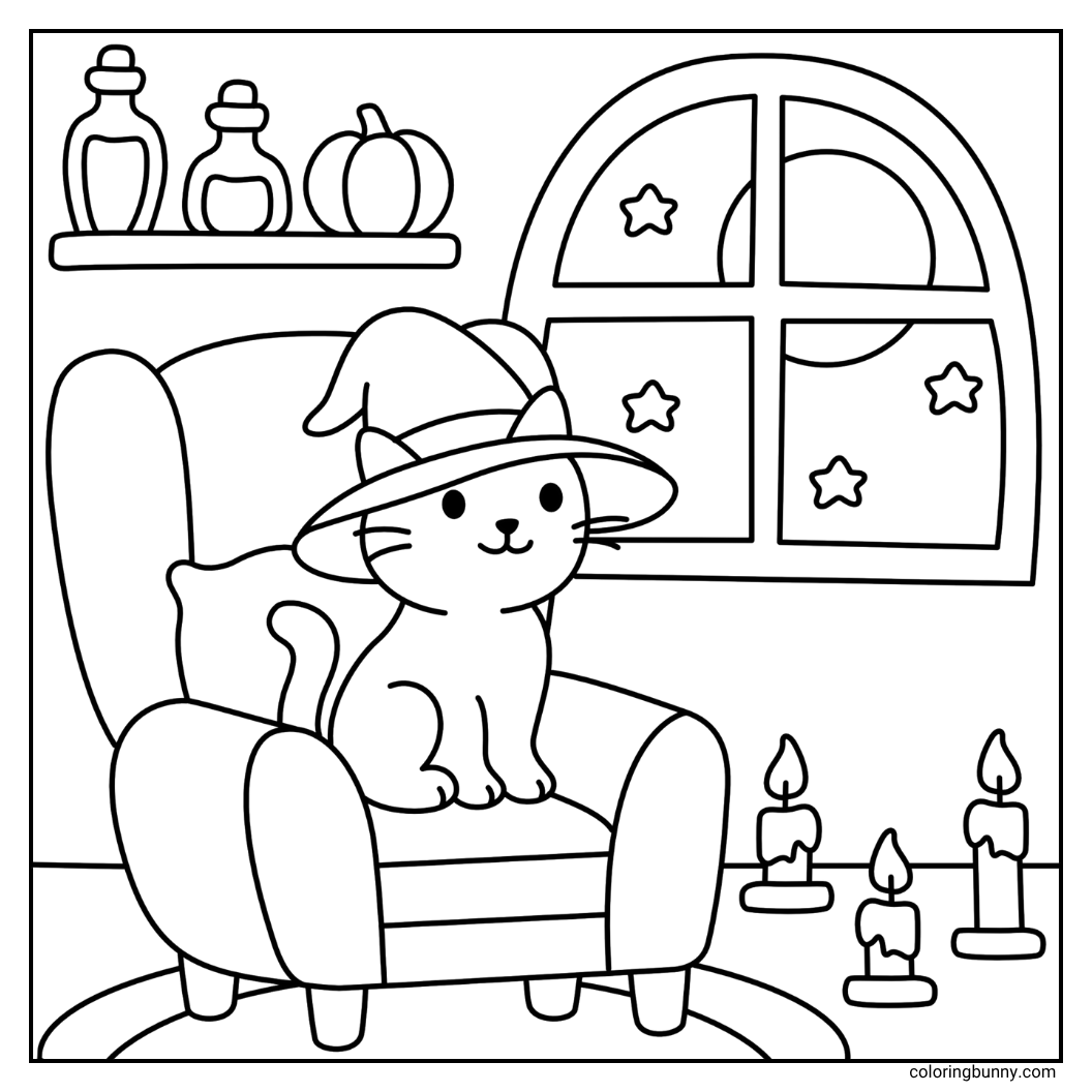 A cozy Halloween coloring sheet of a cute cat wearing a witch's hat. The cat is sitting in a comfortable armchair next to a window showing the night sky. The room is lit by candles, and a shelf on the wall holds potions and a pumpkin.