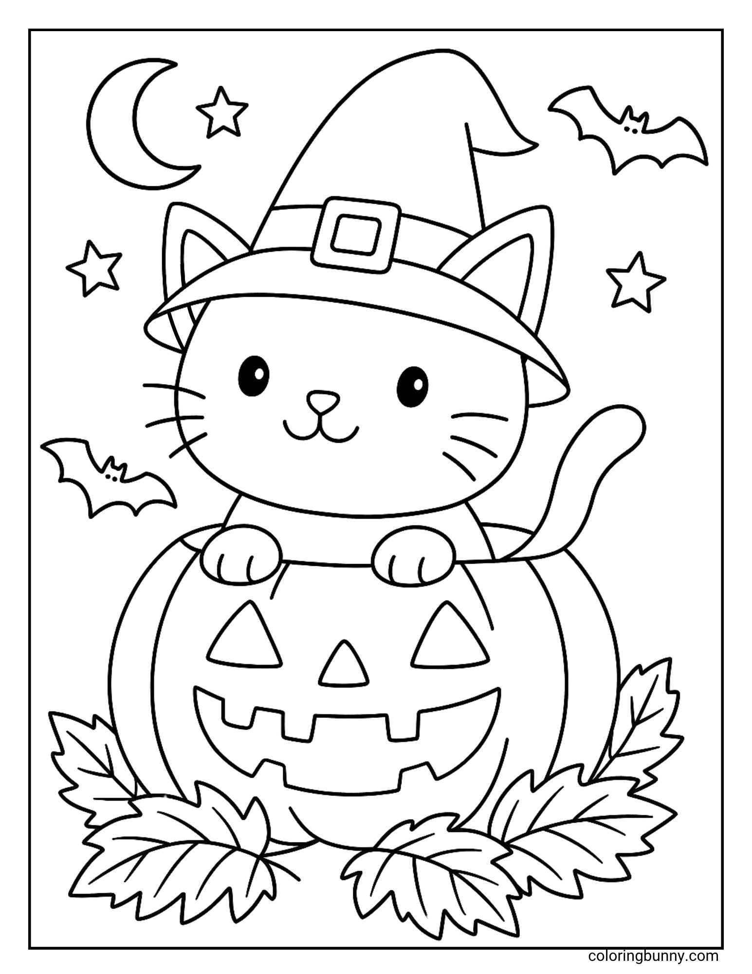 A cute Halloween coloring page of a cat wearing a witch's hat, peeking out from inside a large, carved jack-o'-lantern. The pumpkin is resting on a bed of fall leaves, and bats fly in the starry night sky.