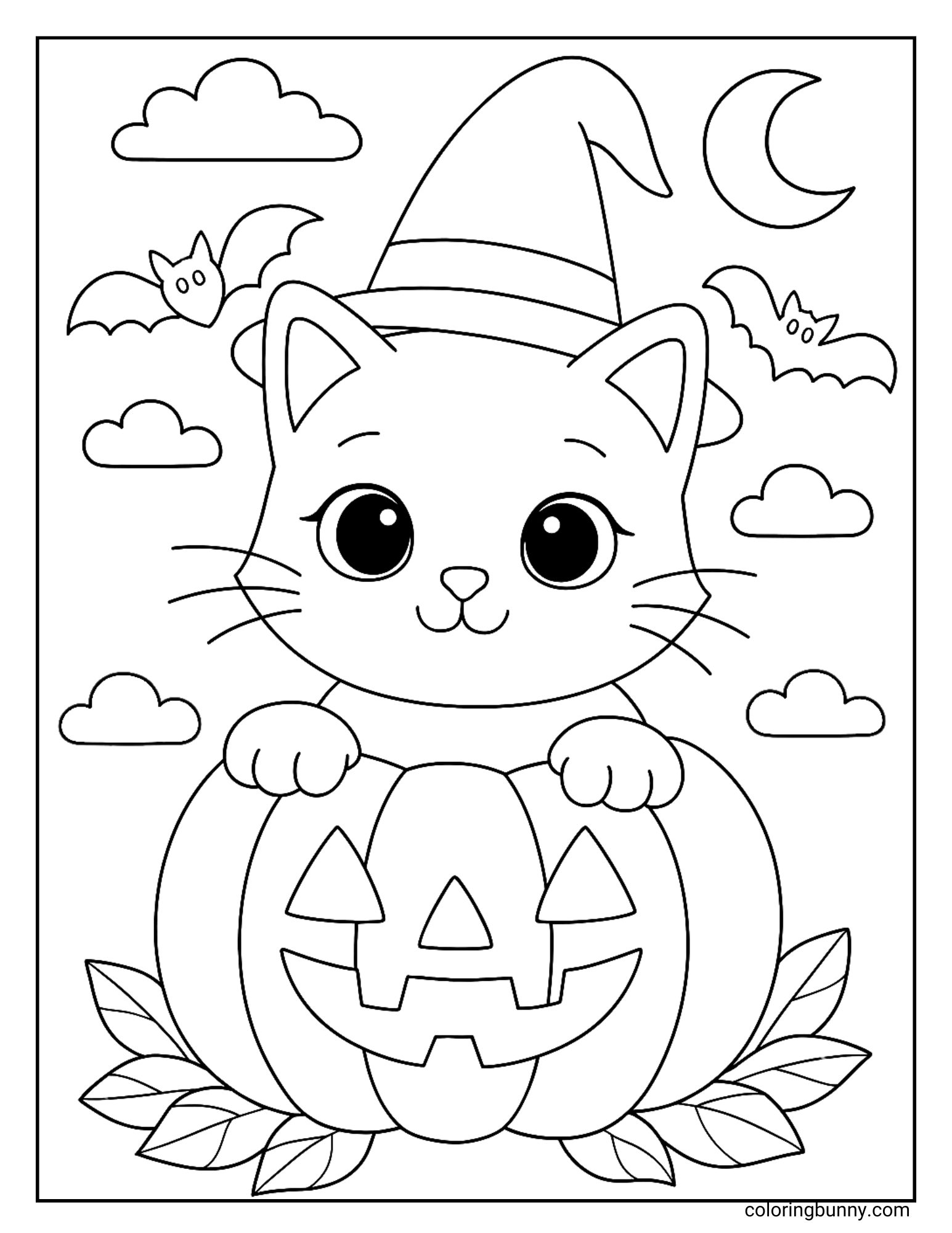A Halloween coloring page featuring a cat wearing a witch hat, peeking out from inside a carved jack-o'-lantern. The pumpkin is surrounded by leaves, and the background shows a night sky with a crescent moon, clouds, and two bats.