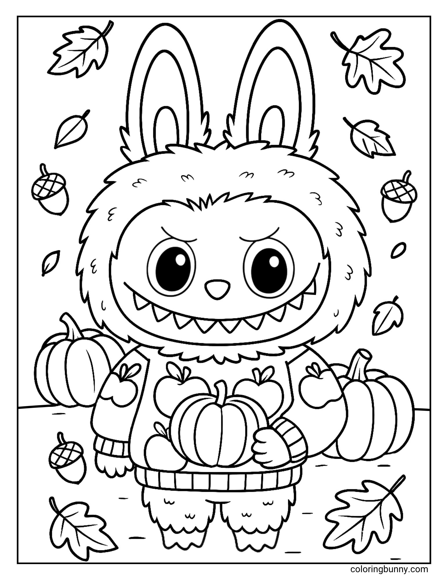 A sweet autumn coloring sheet featuring the monster character Labubu in a cozy apple jumper. He has a grumpy expression as he holds a small pumpkin, standing in a field surrounded by more pumpkins, acorns, and falling leaves.