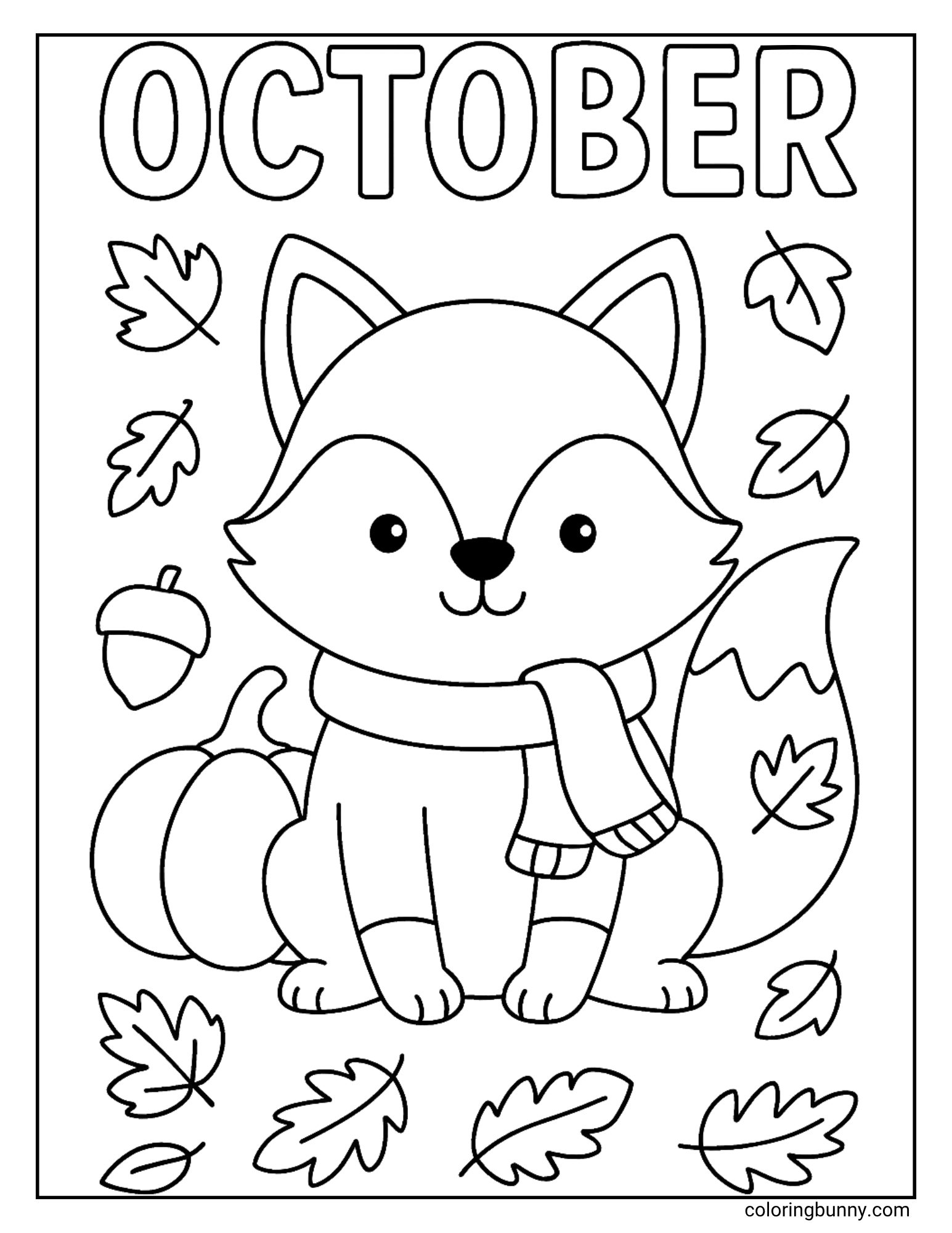 A charming fall coloring sheet with the word 'October' at the top. In the center, a cute fox wearing a scarf sits proudly next to a pumpkin and an acorn, while leaves fall all around.