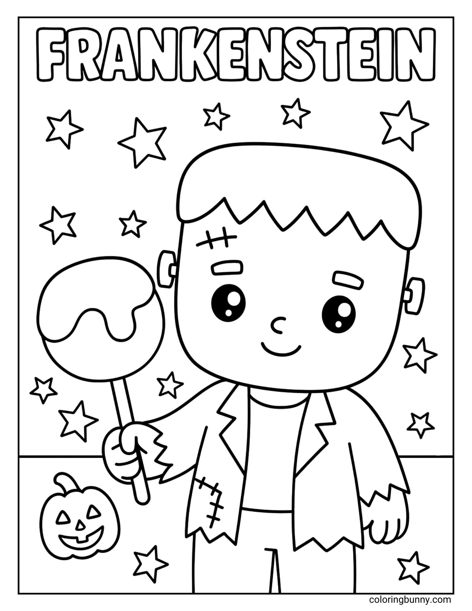 A cute coloring page of Frankenstein's monster with the word 'Frankenstein' at the top. The friendly, chibi-style monster is holding a large lollipop and smiling, standing next to a small jack-o'-lantern under a starry sky.