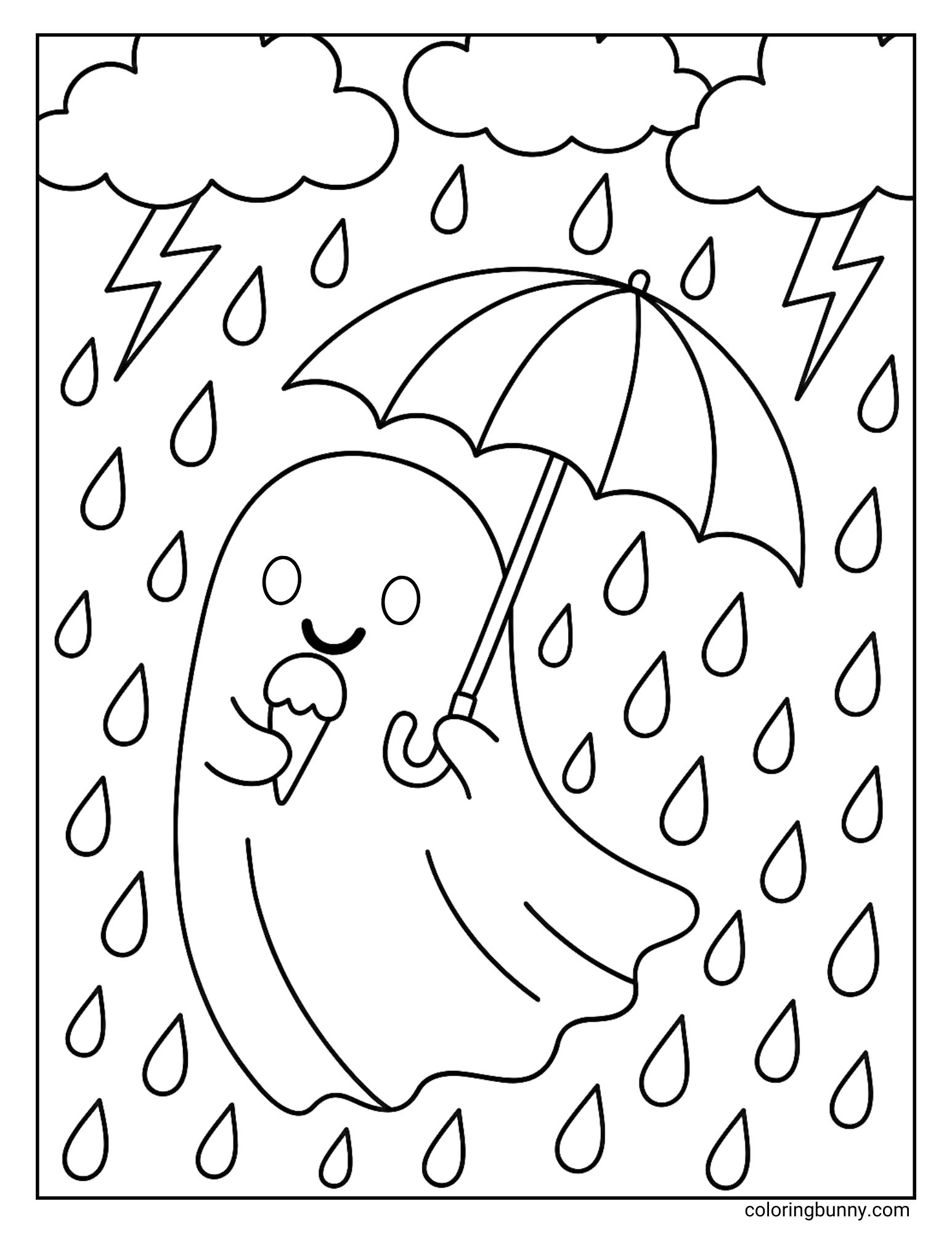 A funny coloring page of a cute ghost with a moustache enjoying an ice cream cone in the middle of a thunderstorm. The ghost is holding an umbrella to stay dry from the rain, with lightning bolts flashing in the clouds above him.