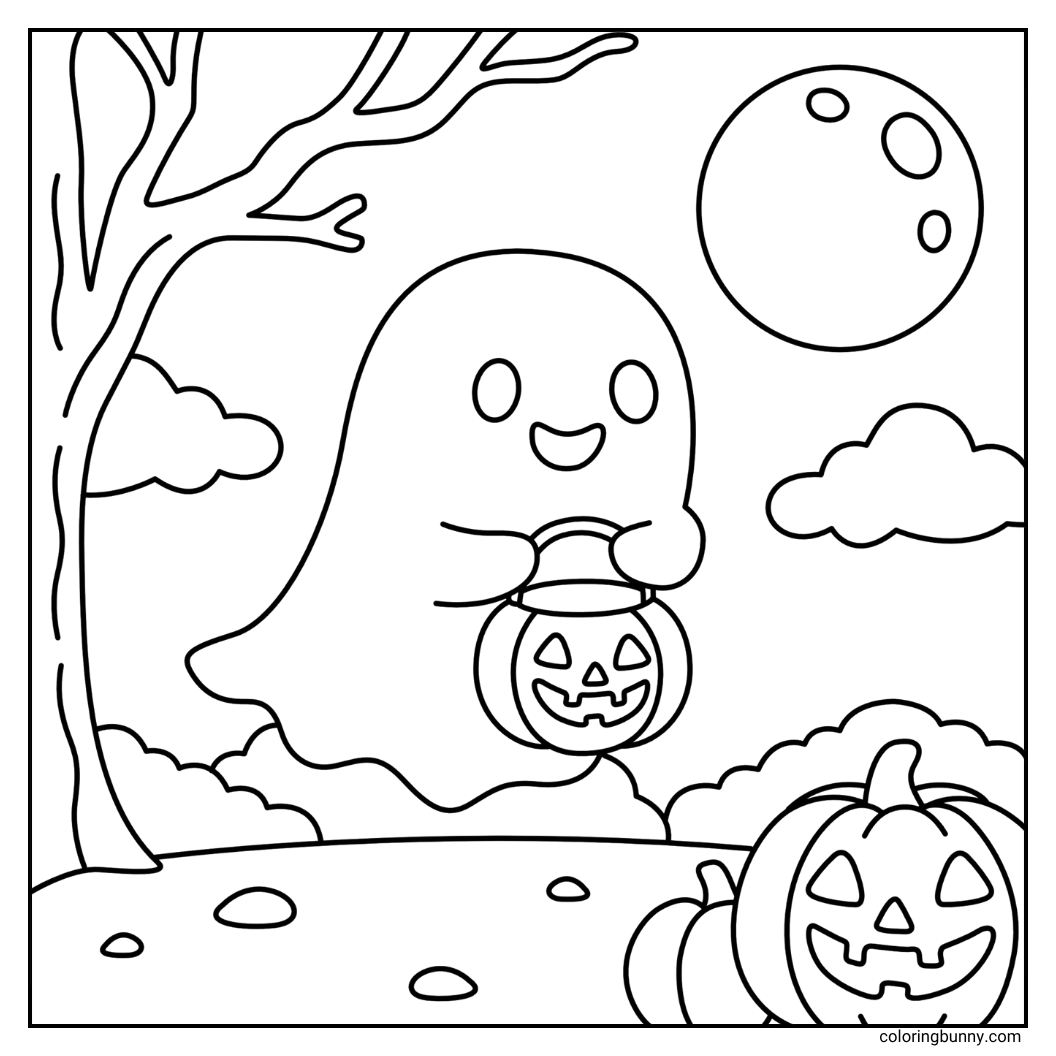 A classic Halloween coloring sheet of a cute ghost ready to go trick-or-treating. The happy ghost is floating through a pumpkin patch, holding an empty jack-o'-lantern candy pail under a full moon and a spooky tree.