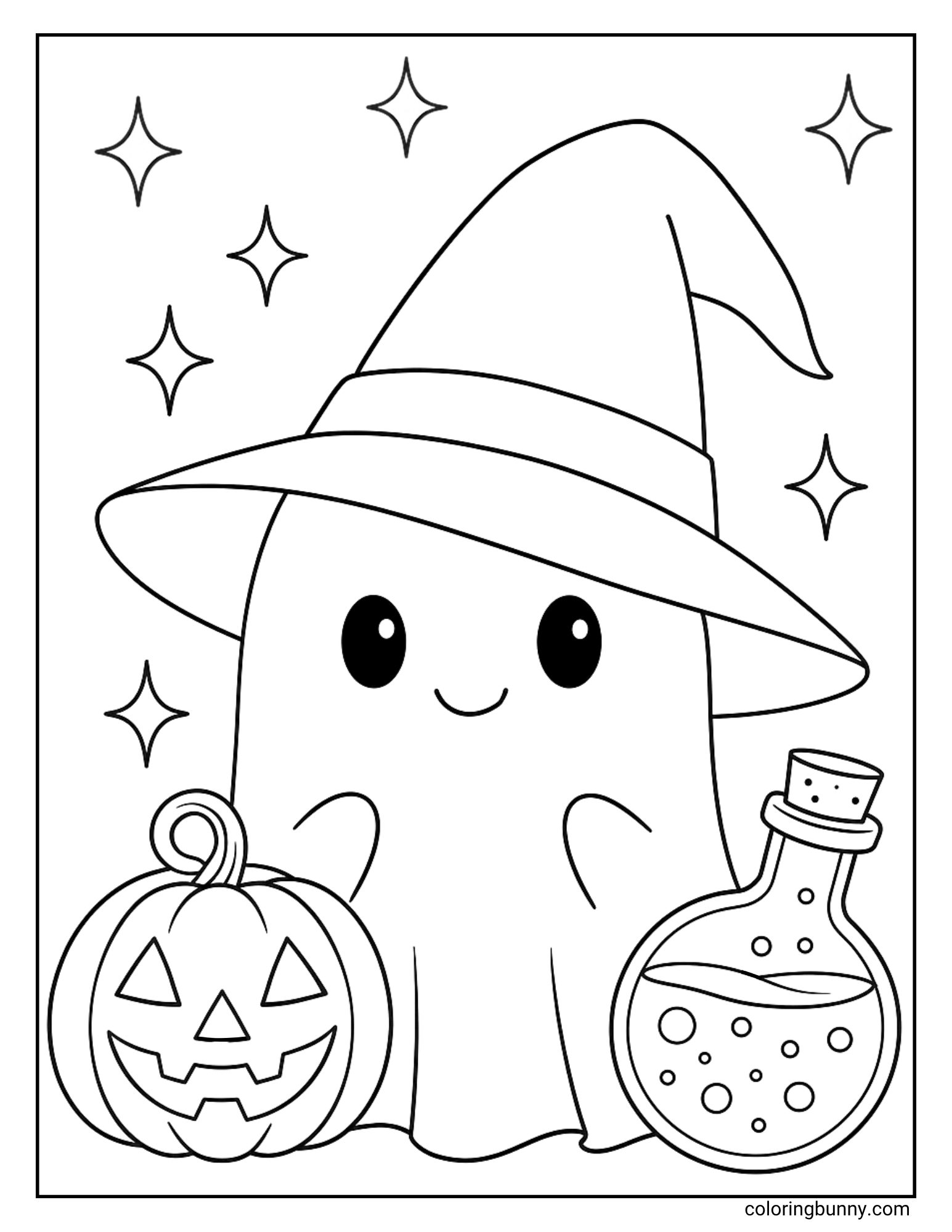 A cute Halloween coloring page of a friendly ghost who is dressed up as a witch. The ghost is wearing a large pointed hat and is sitting between a jack-o'-lantern and a bubbling potion flask, with sparkles in the background.