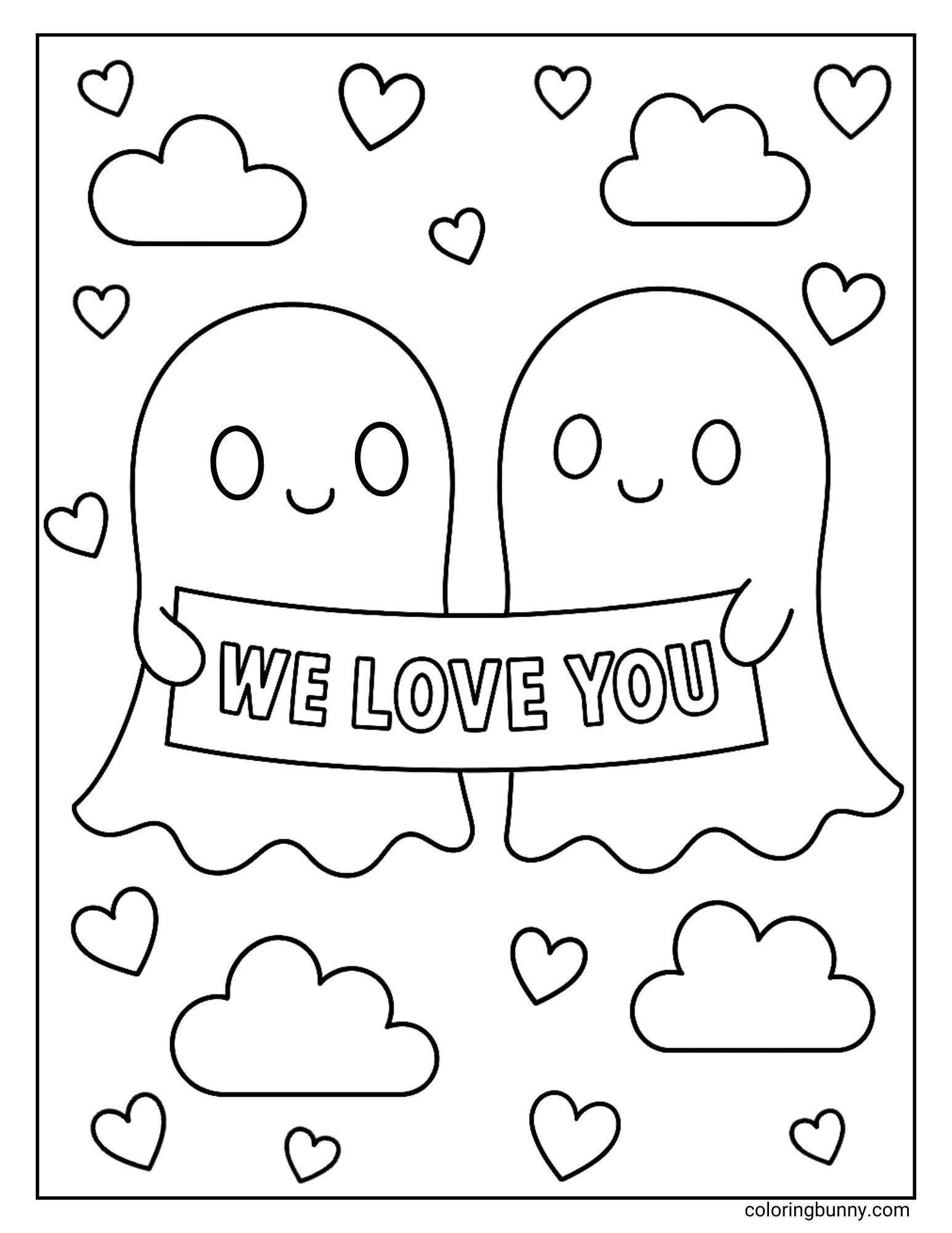 A sweet and simple coloring page of two cute ghosts holding up a banner with the message 'We Love You'. The friendly ghosts are floating amongst clouds and hearts, delivering a heartwarming message.