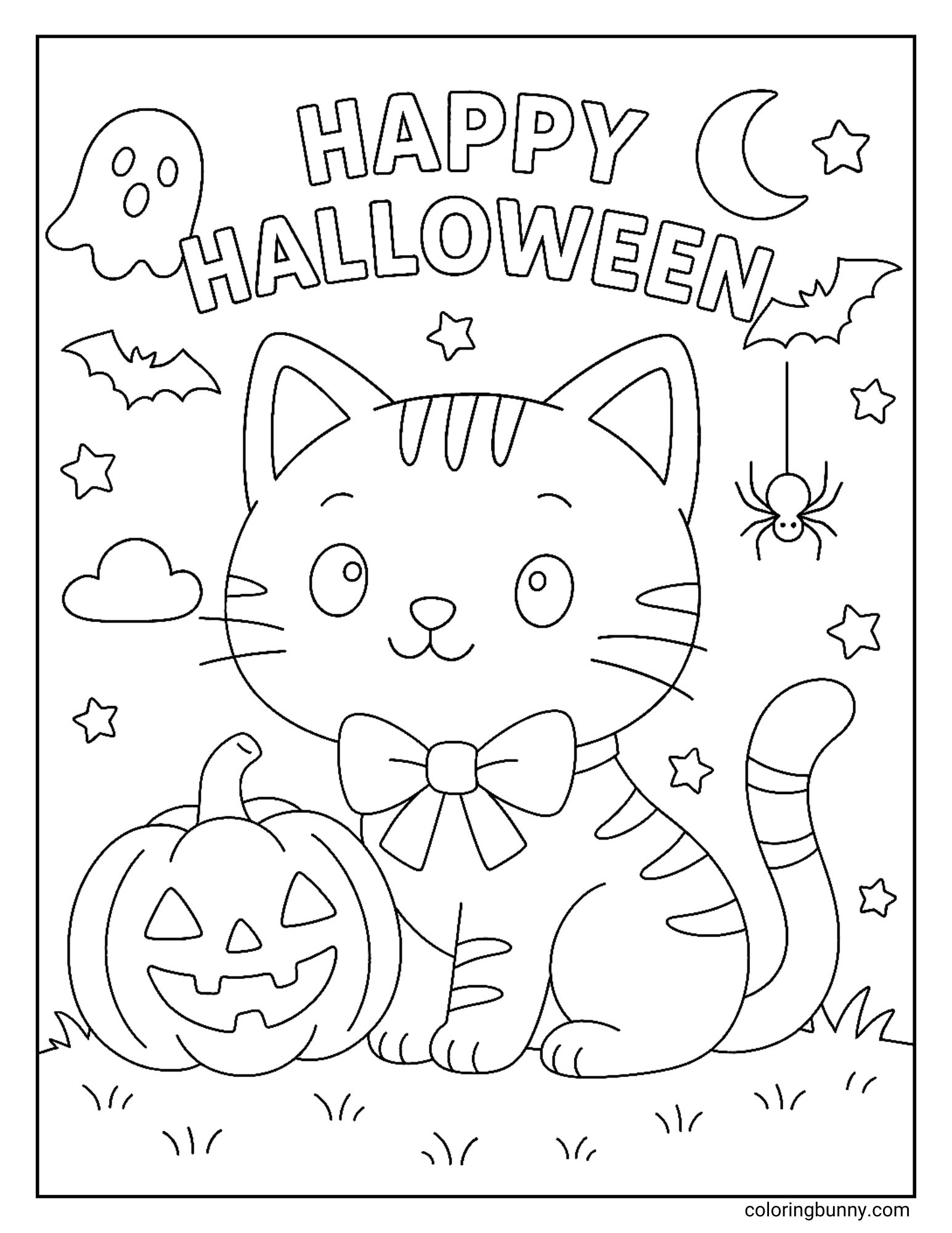 A Halloween coloring page with the text "HAPPY HALLOWEEN" at the top. The image features a striped cat wearing a bow tie, sitting next to a jack-o'-lantern. The background is a night sky with a ghost, bats, a spider, and a moon.