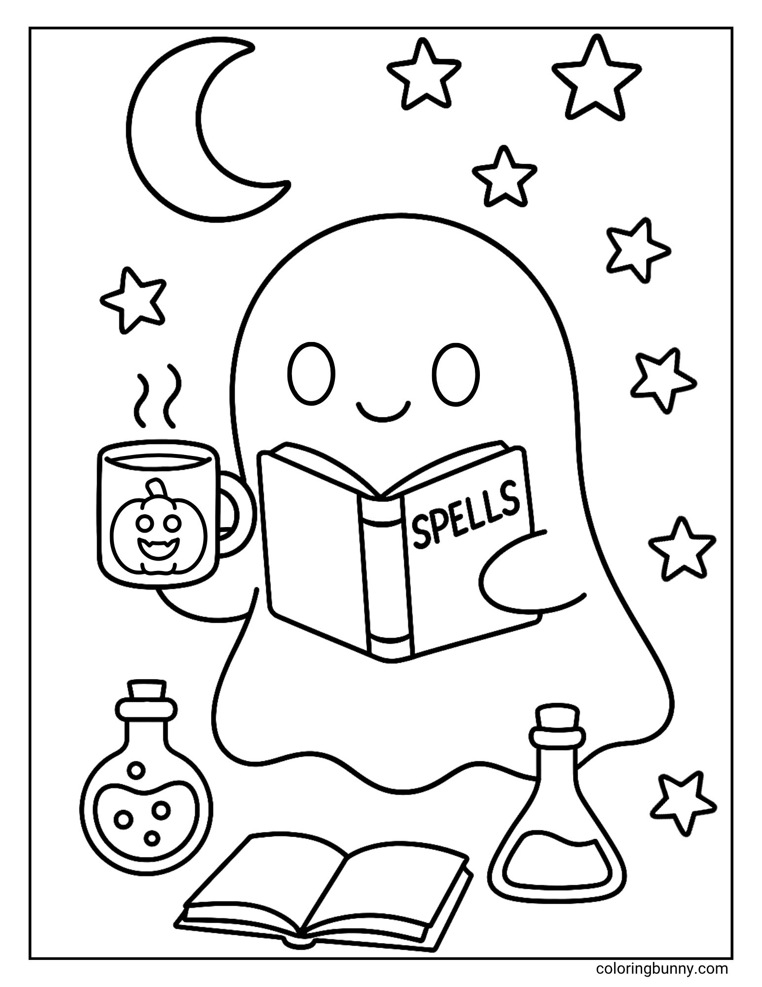 A cute coloring page of a little ghost studying magic. The ghost is reading a book titled 'Spells' while drinking from a jack-o'-lantern mug. Other books and potion bottles are scattered around him under a starry night sky.
