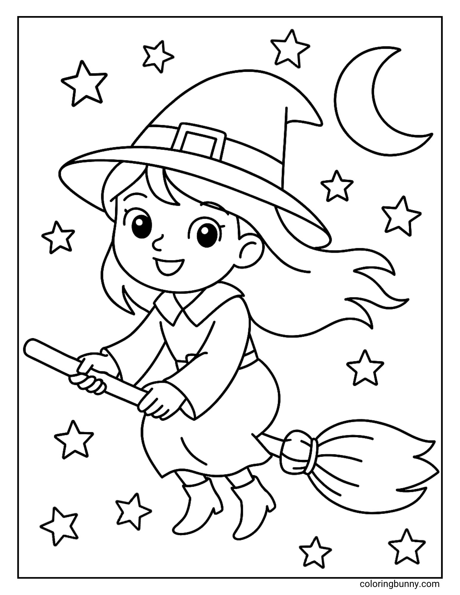 A simple and cute Halloween coloring sheet of a little witch flying on her broomstick. She is smiling as she soars through the night sky, with her hair blowing in the wind, surrounded by a crescent moon and many stars.