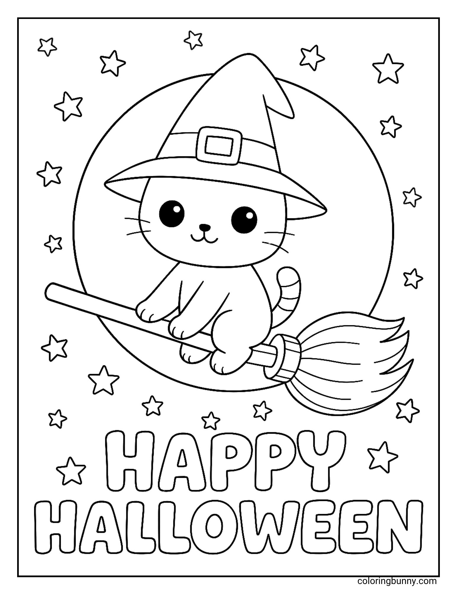 A cute cat Halloween coloring page of a cat dressed as a witch. The cat is wearing a witch's hat with its ears tucked inside and is flying on a broomstick in front of a large full moon, surrounded by stars.