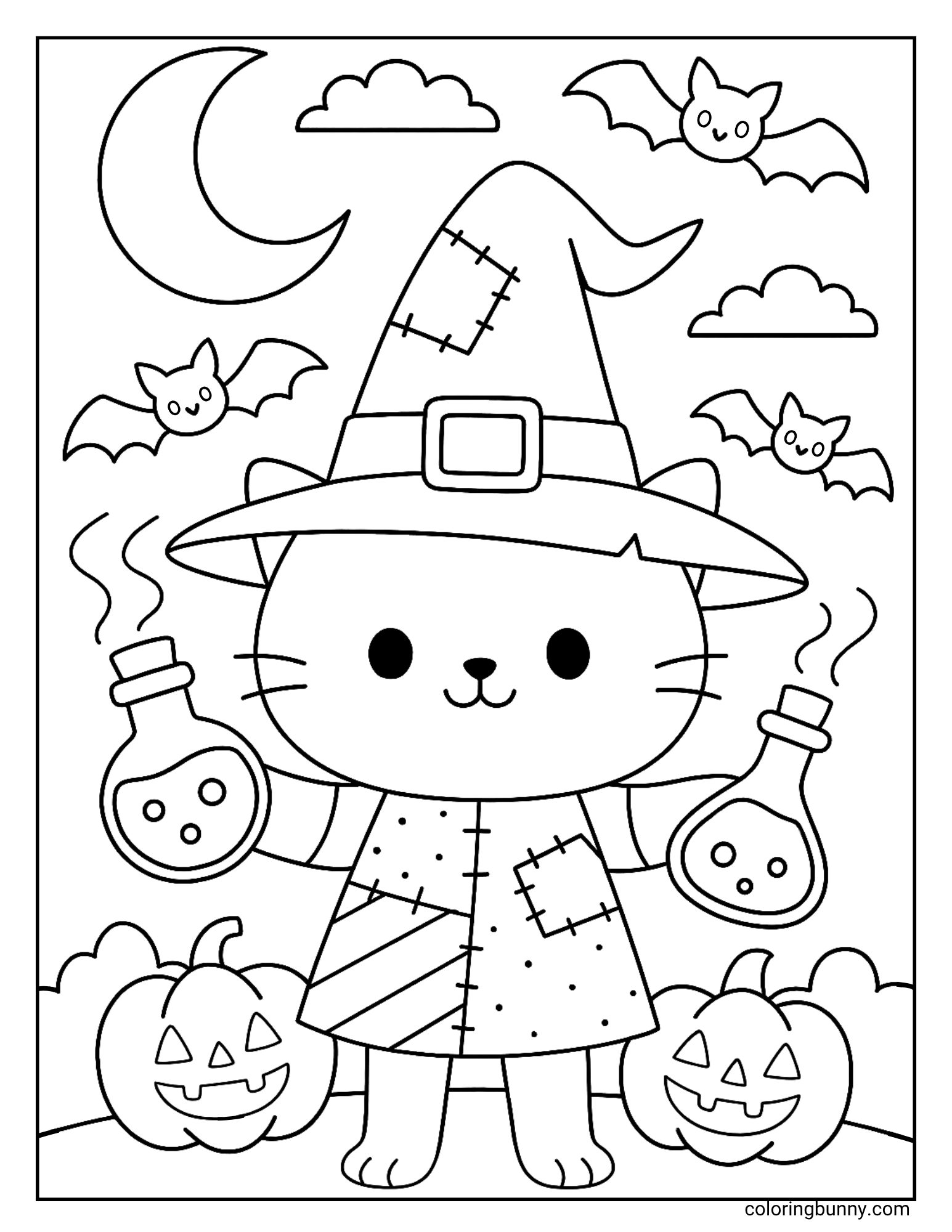 A coloring page featuring a cat in a witch costume holding two potions. The cat is surrounded by Halloween elements, including two carved pumpkins at its feet, three bats flying overhead, and a crescent moon in the sky.