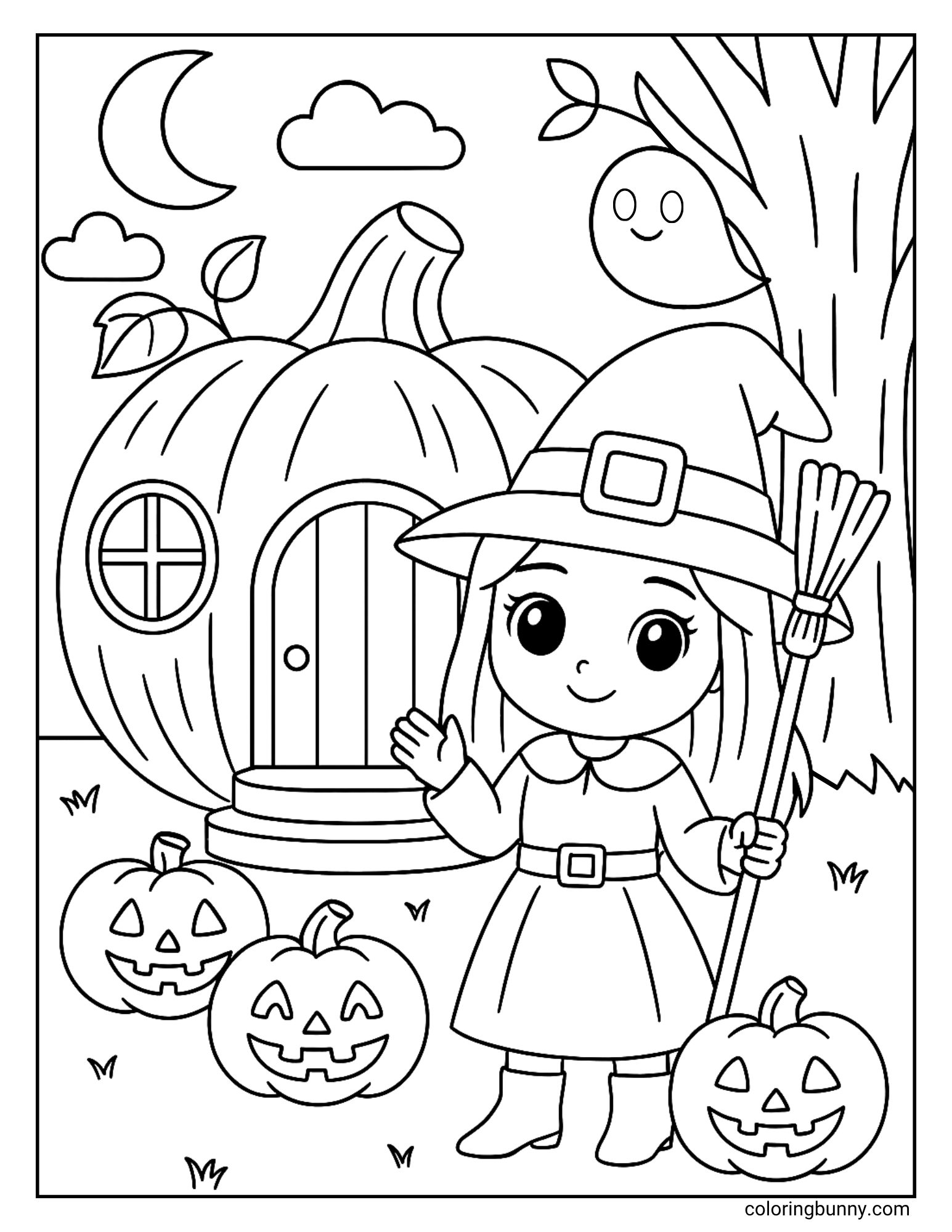 A magical Halloween coloring page of a cute witch standing in front of her home, which is a giant pumpkin. The witch is holding a broomstick, and jack-o'-lanterns decorate her garden. A friendly little ghost is peeking out from behind a tree under the crescent moon.