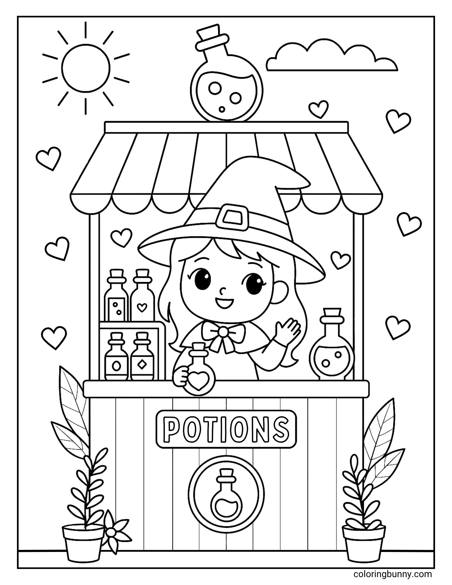 A charming Halloween coloring page of a little witch running her very own potion stand. She is happily waving from behind the counter, which is full of magical bottles. Her stand is decorated with plants and a 'Potions' sign, all under a happy sun.