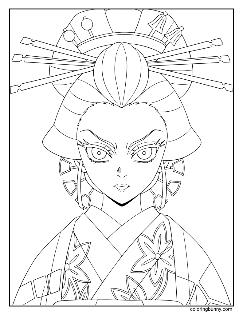 Coloring page of Daki from Demon Slayer: Kimetsu no Yaiba, shown in her elegant Oiran form with detailed hair ornaments, floral kimono patterns, and a fierce expression.