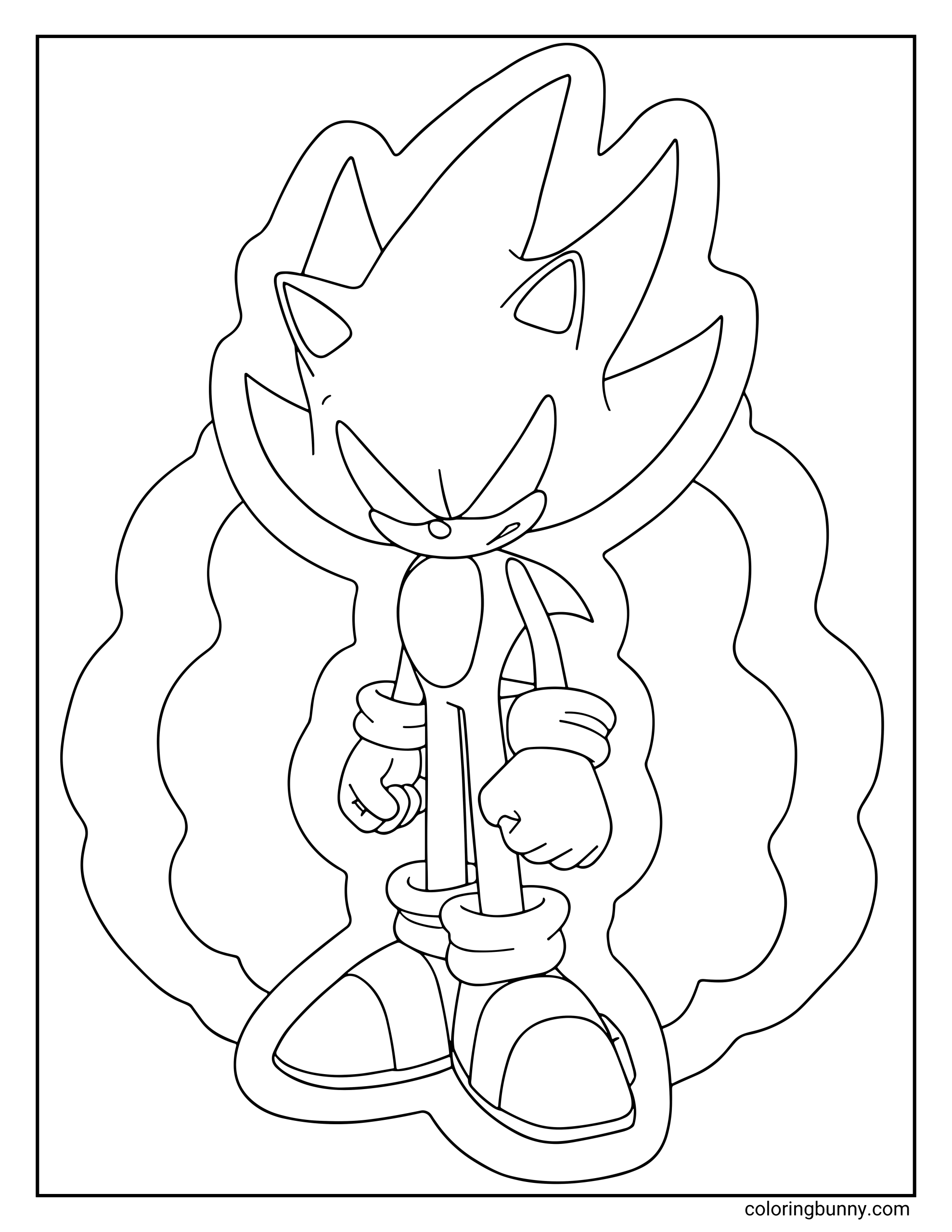 Dark Sonic coloring page featuring Sonic the Hedgehog in his intense dark transformation. He stands with clenched fists and a fierce expression, surrounded by a dark, smoky energy aura radiating power and anger.