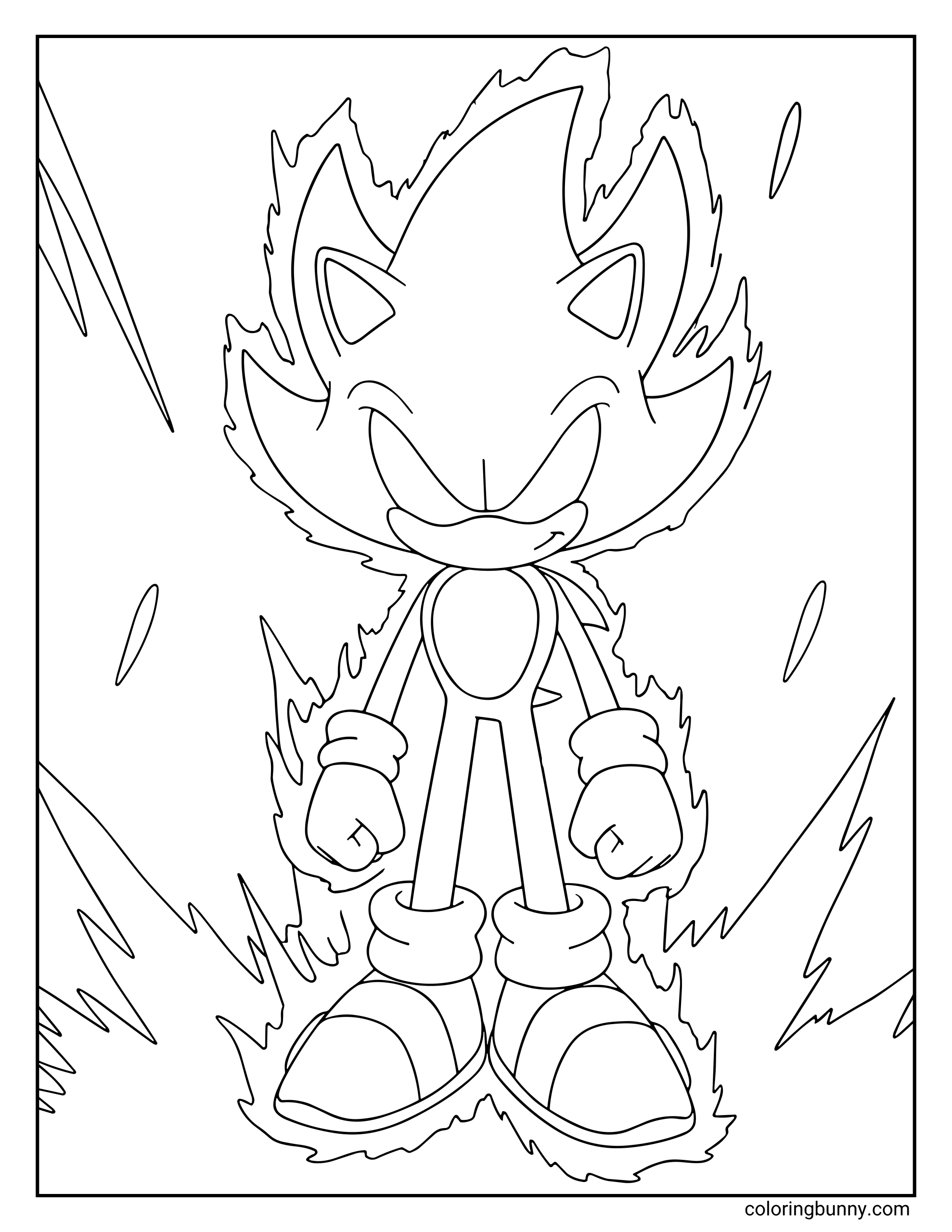 Dark Sonic coloring page featuring Sonic the Hedgehog standing tall with fists clenched and eyes glowing. He’s surrounded by sharp, electrified energy spikes and a blazing dark aura, showing his transformation’s raw power and emotion.