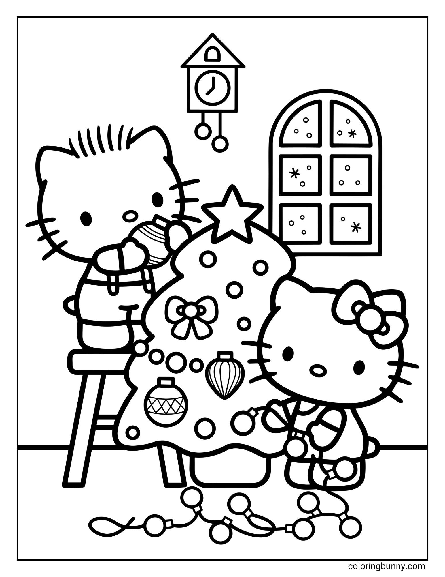 A Hello Kitty Christmas coloring sheet featuring Dear Daniel on a stool and Hello Kitty with lights, both busy decorating a Christmas tree together in a cozy room. You can also see a cuckoo clock and a window with snow falling.