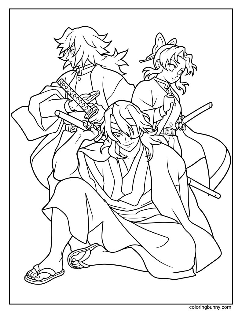 Line art of Giyu Tomioka (left), the calm and stoic Water Hashira with his half-patterned haori; Shinobu Kocho (right), the graceful and deadly Insect Hashira with butterfly-themed attire; and Sanemi Shinazugawa (center, crouching), the fierce and scarred Wind Hashira with his intense gaze and bandaged arms.