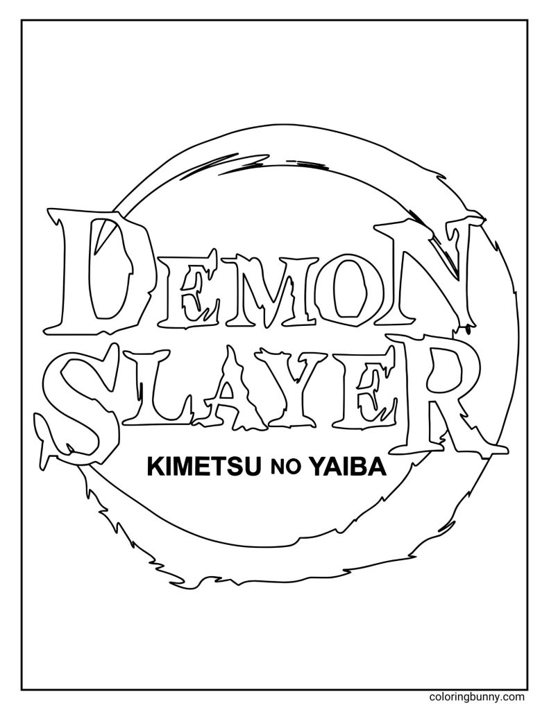 Simple Demon Slayer: Kimetsu no Yaiba logo coloring page inside a circular brushstroke design.