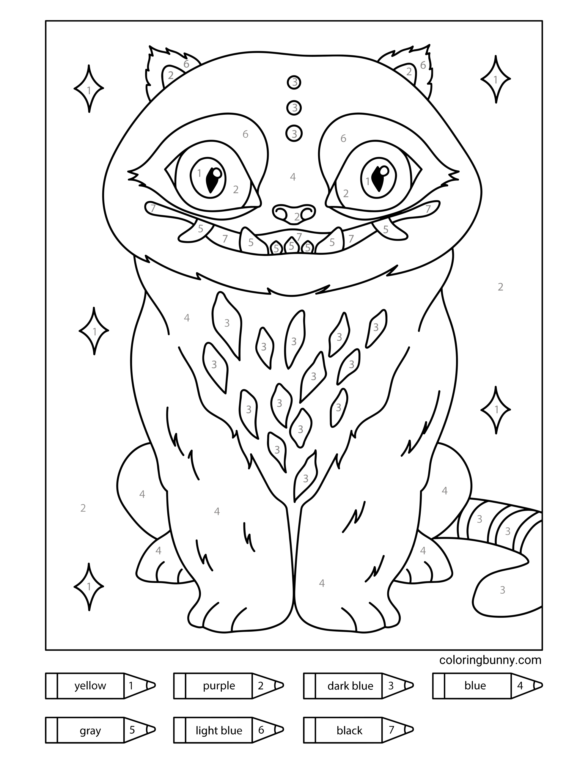 A KPop Demon Hunters "Color by Number" coloring page featuring a cute, Derpy creature. Derpy is outlined with numbered sections that correspond to colors, including yellow, purple, dark blue, light blue, gray, and black. Derpy has a wide grin, large eyes, and a playful expression. The page includes the color legend at the bottom and star-shaped accents around Derpy.