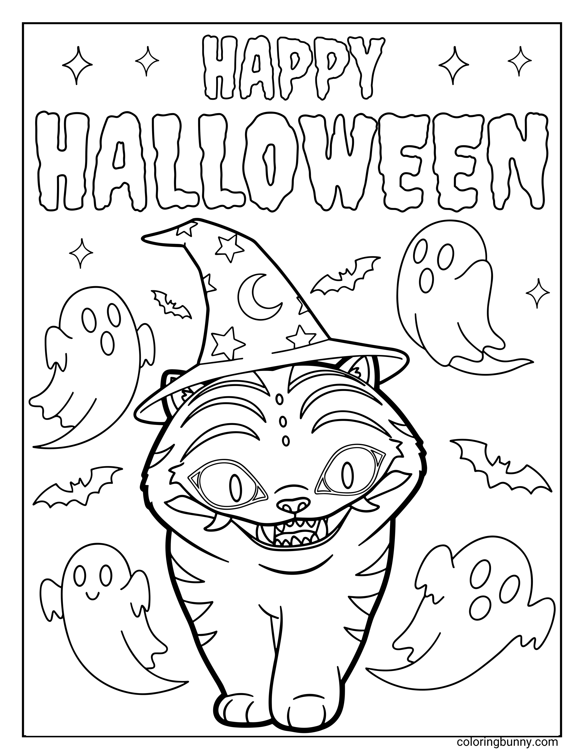 Coloring page of Derpy from KPop: Demon Hunters wearing a wizard hat decorated with stars and moons, surrounded by smiling ghosts, bats, and stars under a “Happy Halloween” banner.