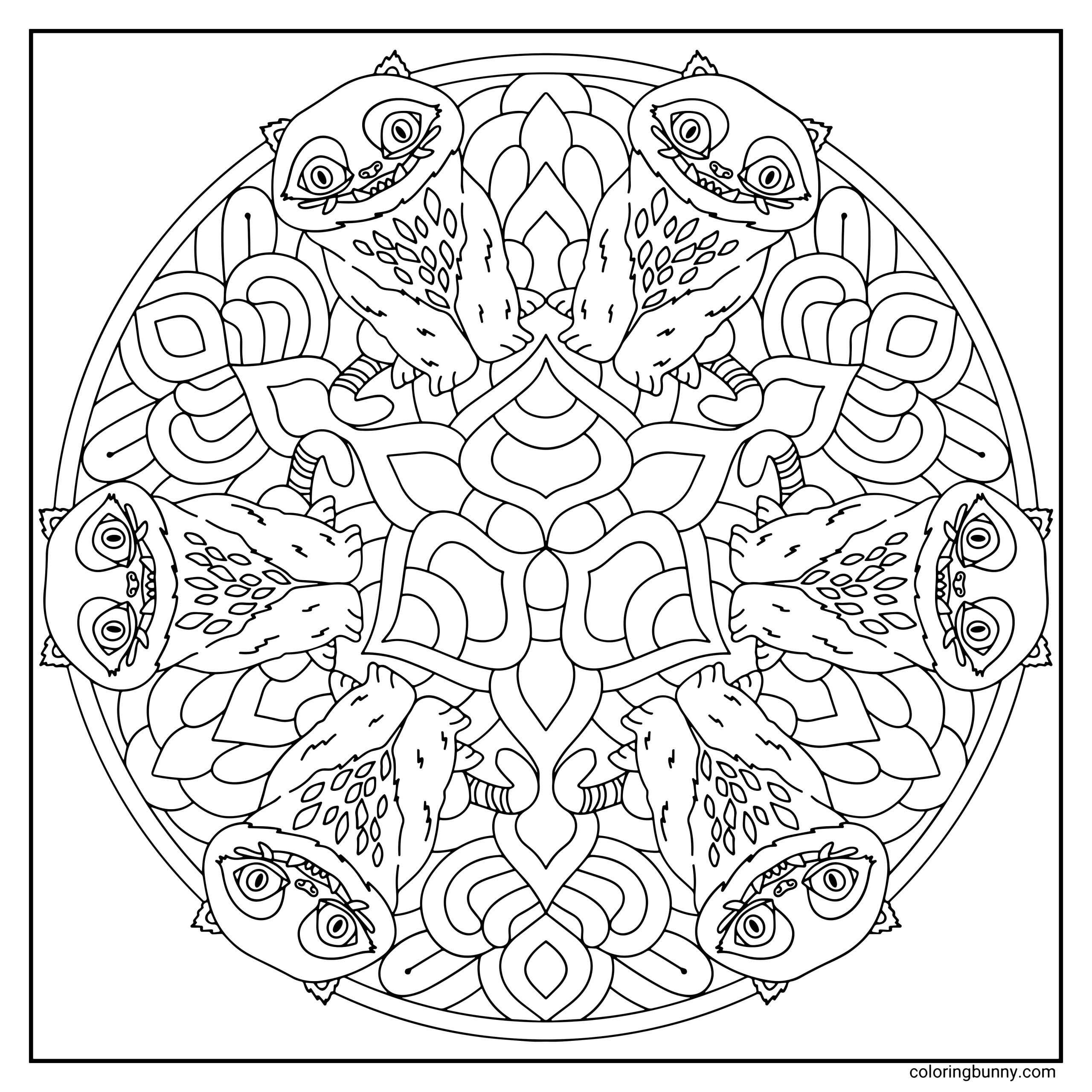 A detailed mandala coloring page featuring multiple cute, Derpy creatures from KPop Demon Hunters arranged in a circular pattern. Each Derpy has big expressive eyes, and patterned markings, all set around an intricate mandala of swirls, petals, and geometric shapes.