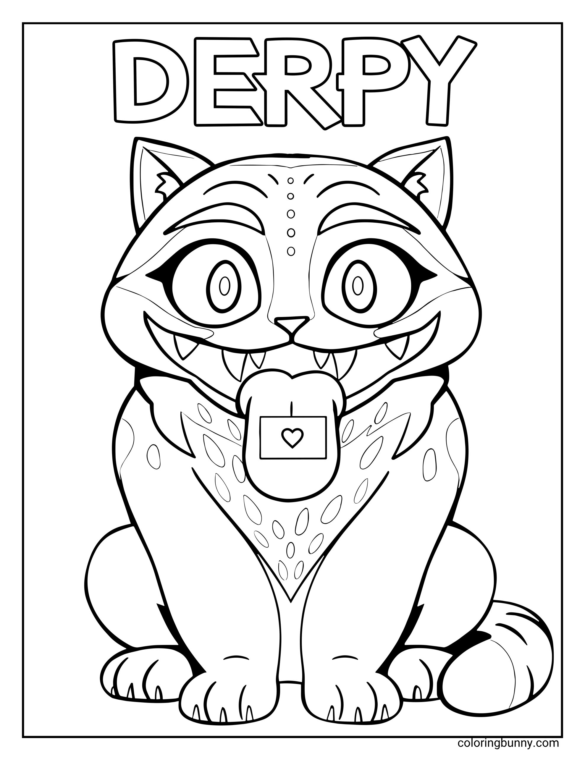 Coloring page of Derpy, the adorable cat companion from KPop: Demon Hunters, sitting upright with big round eyes, sharp teeth in a friendly grin. The word “DERPY” appears at the top for coloring.