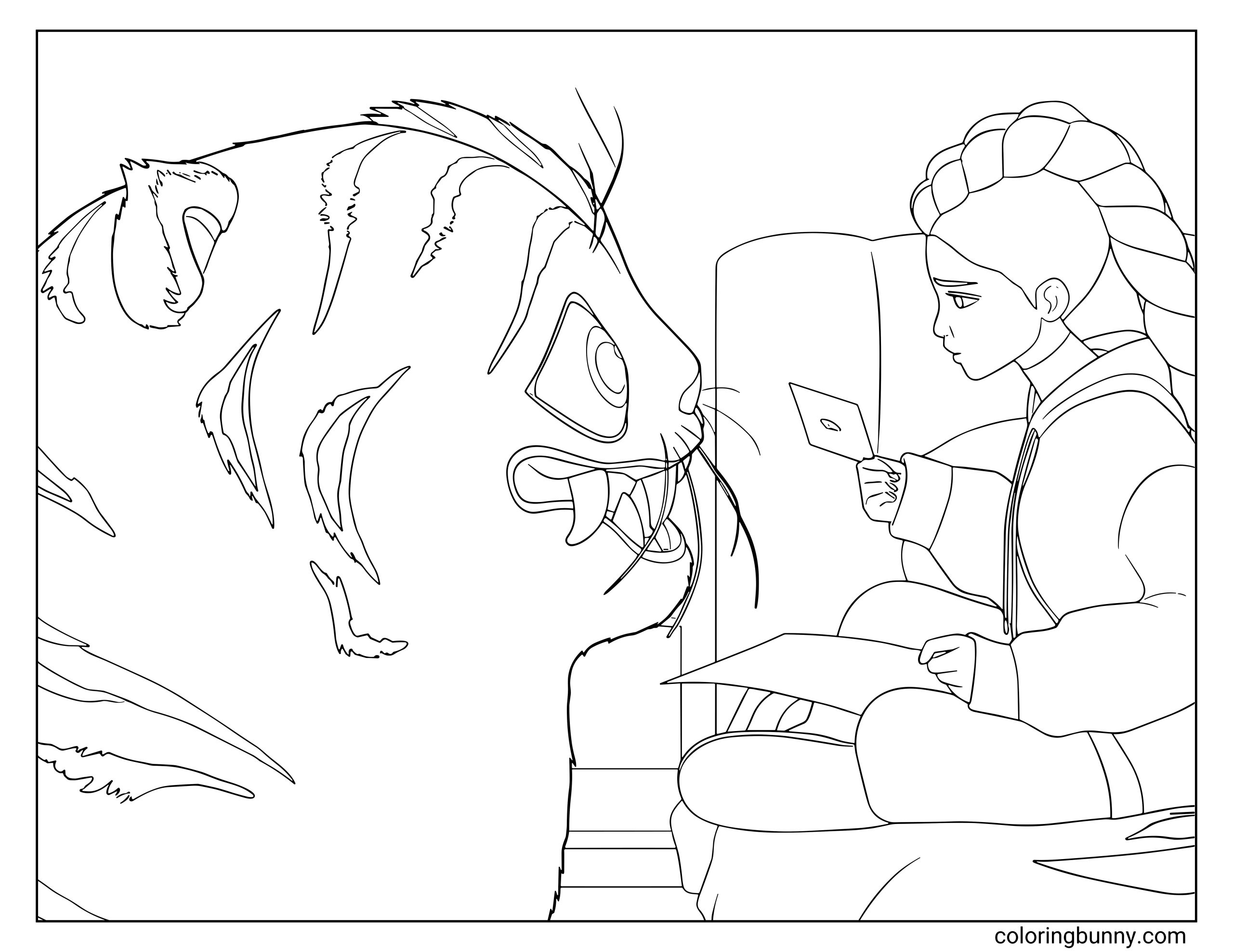 Coloring page of Rumi from KPop: Demon Hunters sitting cross-legged on a bed, holding a paper and talking to Derpy, her large, round tiger-like companion, inside a cozy room.