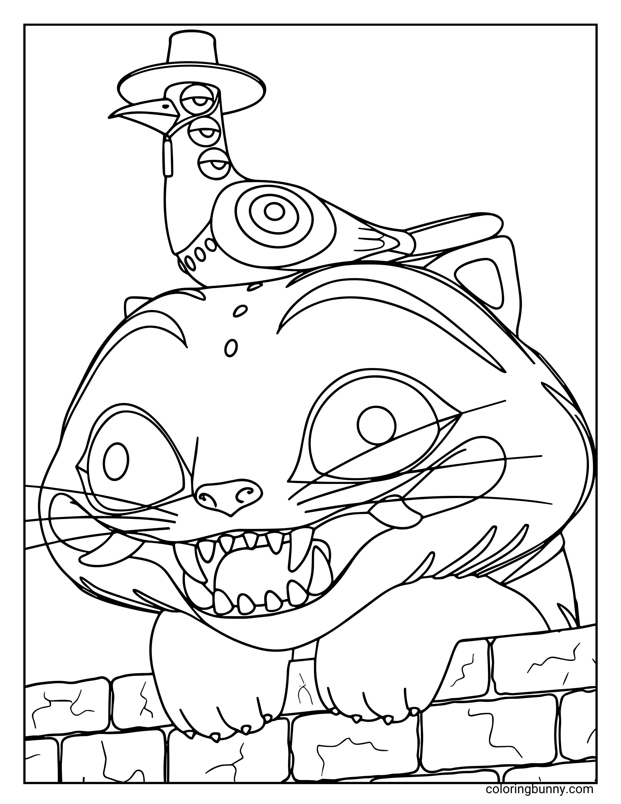 Coloring page of Derpy and Sussie from KPop: Demon Hunters. Derpy, the big round cat with sharp teeth, is peeking playfully over a brick wall, while Sussie, the quirky bird wearing a hat, is perched proudly on Derpy’s head.