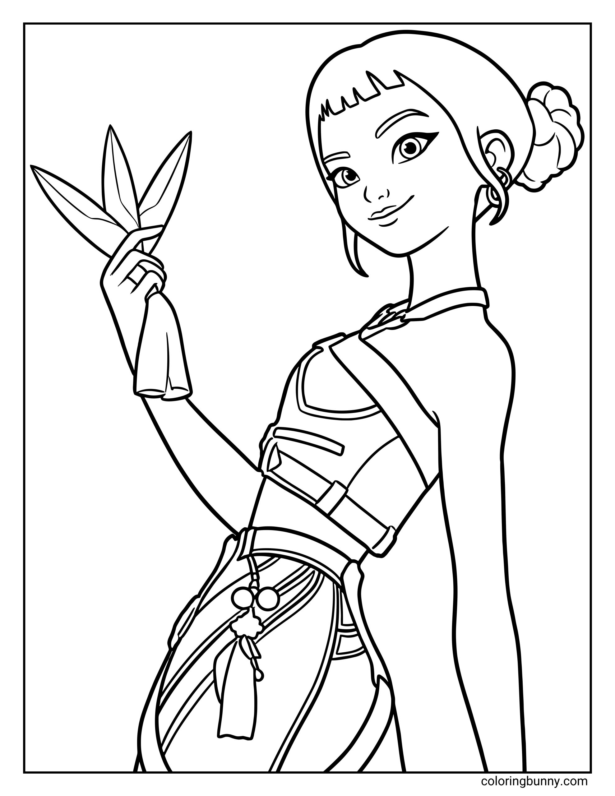 A detailed coloring page of Zoey from KPop Demon Hunters. She poses confidently while holding a shinkal, wearing a stylish harness outfit, earrings, and a high bun.