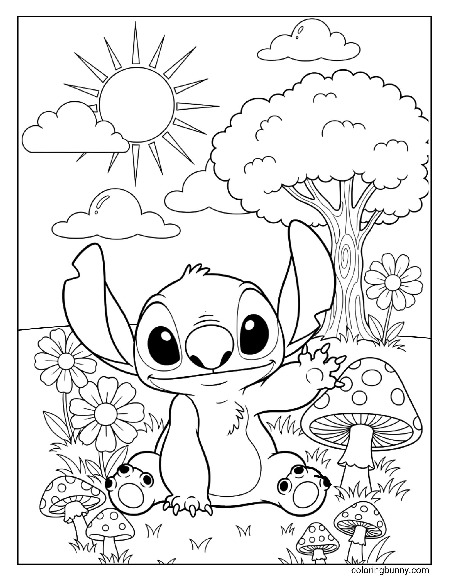 A coloring page of the Disney character Stitch in a magical meadow. He is sitting in the grass and waving happily, surrounded by large flowers and spotted mushrooms. A big tree and a bright sun are in the background.