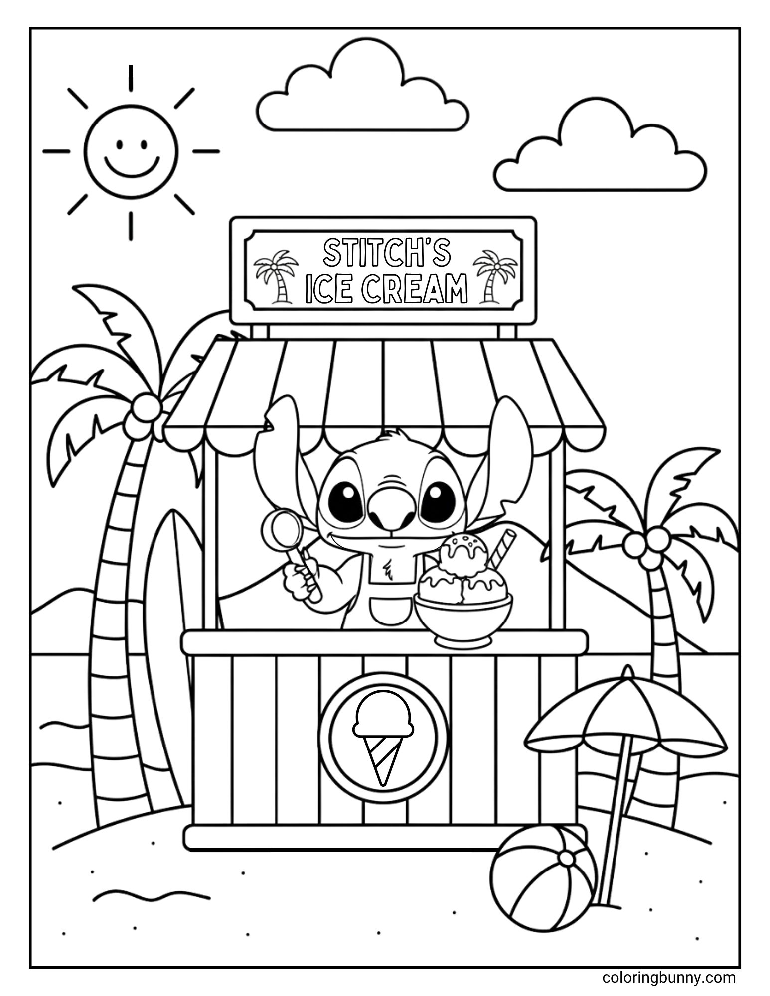 A cute Stitch coloring page of the Disney character Stitch at his beachside business. He is happily serving a large bowl of ice cream from his stand, which has a sign that reads "STITCH'S ICE CREAM." The sunny beach scene includes palm trees, a surfboard, and a beach ball.
