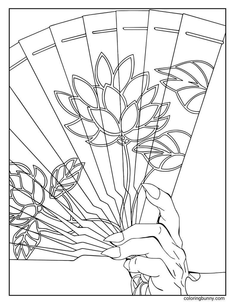 Line art of Doma’s ornate fan from Demon Slayer: Kimetsu no Yaiba – Infinity Castle, featuring intricate lotus flower designs across its golden panels. The fan is held delicately by a hand with long, curved nails, capturing the character’s elegance and eerie composure.