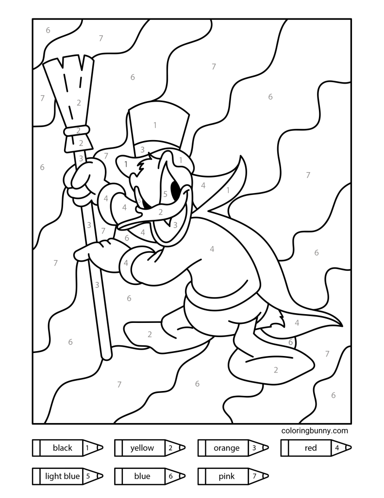Color-by-numbers Halloween page featuring Donald Duck dressed as a wizard, wearing a tall hat and cape while holding a broomstick, surrounded by wavy background patterns.