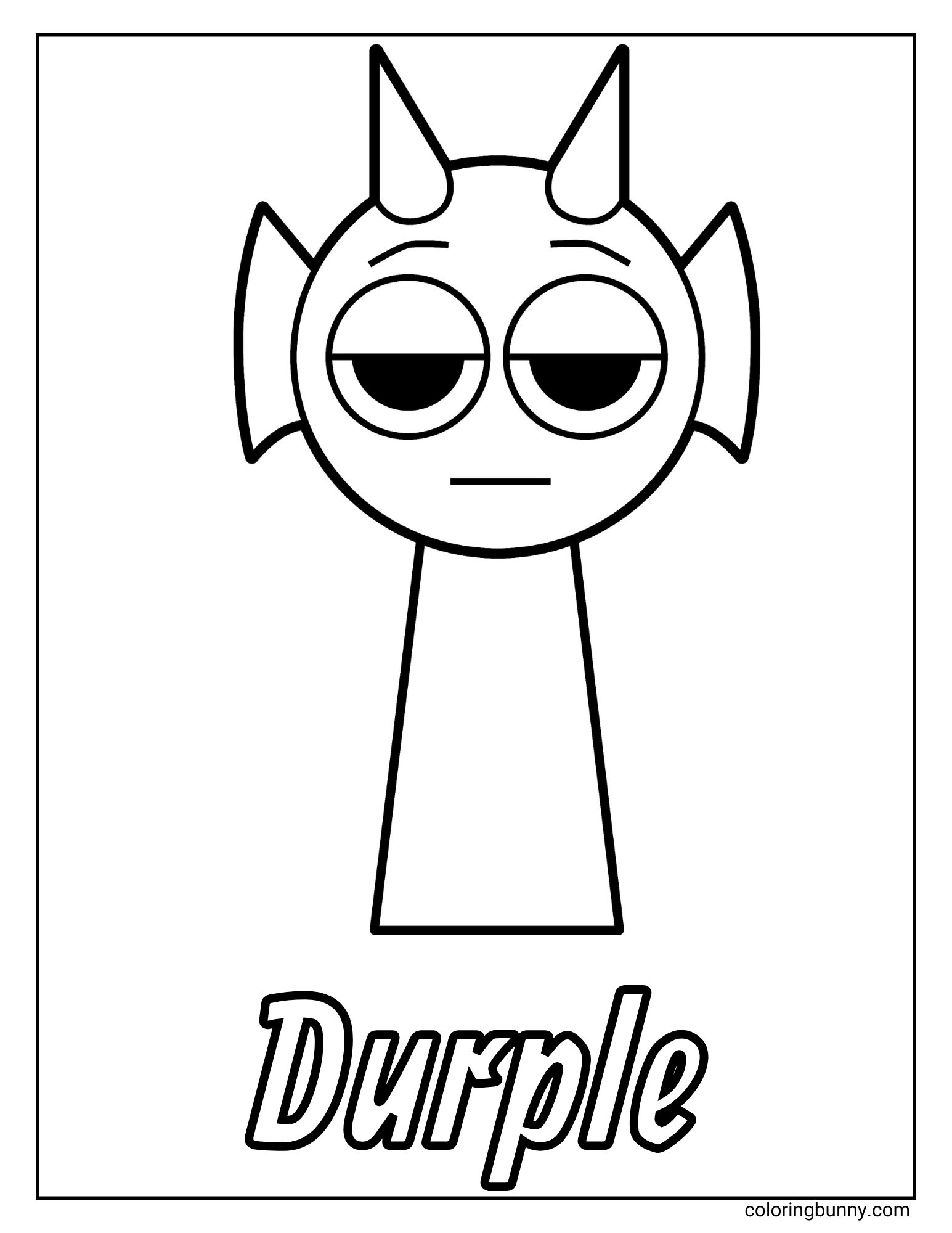 A simple coloring page of the Sprunki character named Durple. Durple is a cartoon figure with a grumpy, unimpressed expression, who has two small devil horns on his head and wing-like ears. His name is written at the bottom.