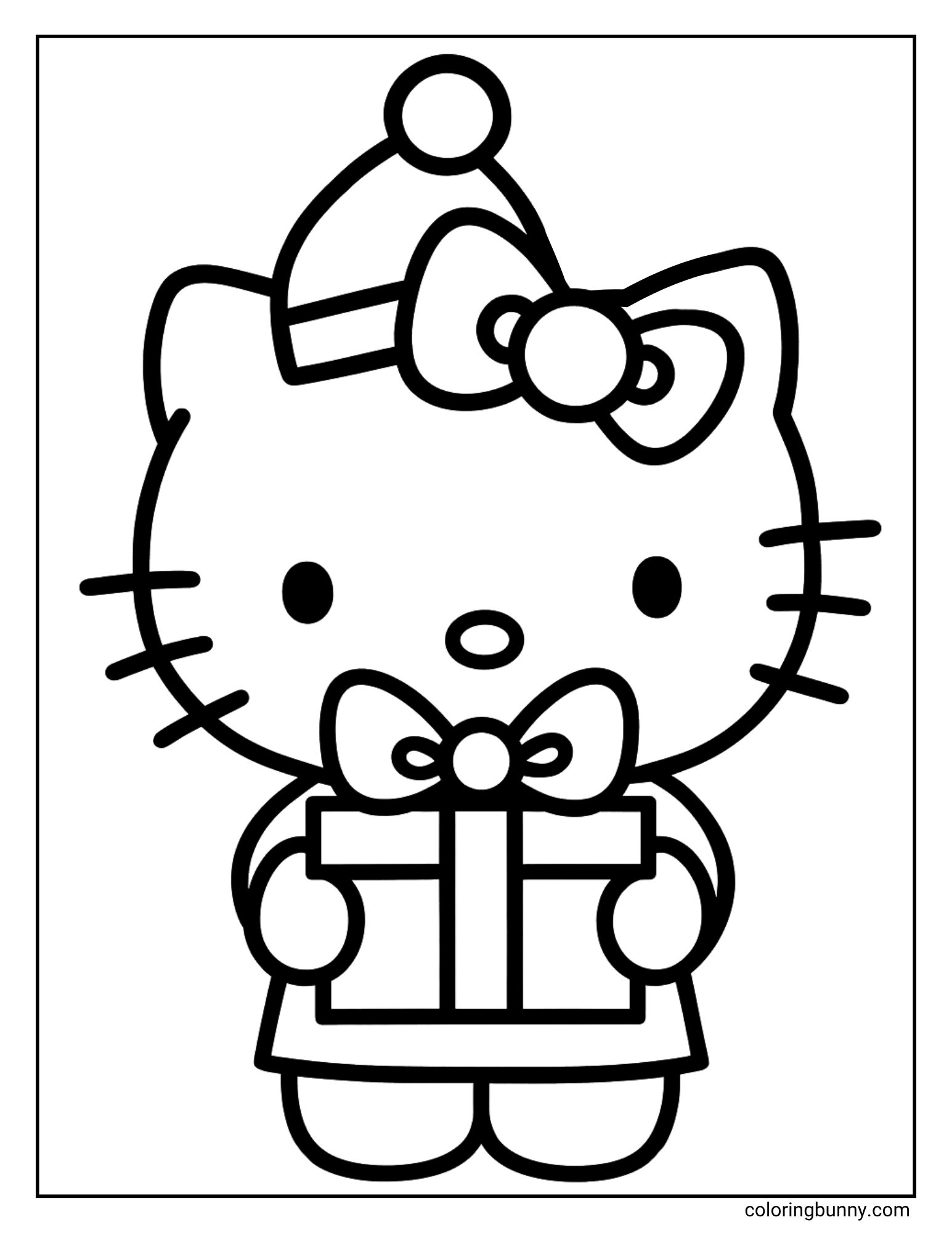 A simple Hello Kitty Christmas coloring with her wearing a Santa hat and holding a present. The present has a large bow. The background is blank.