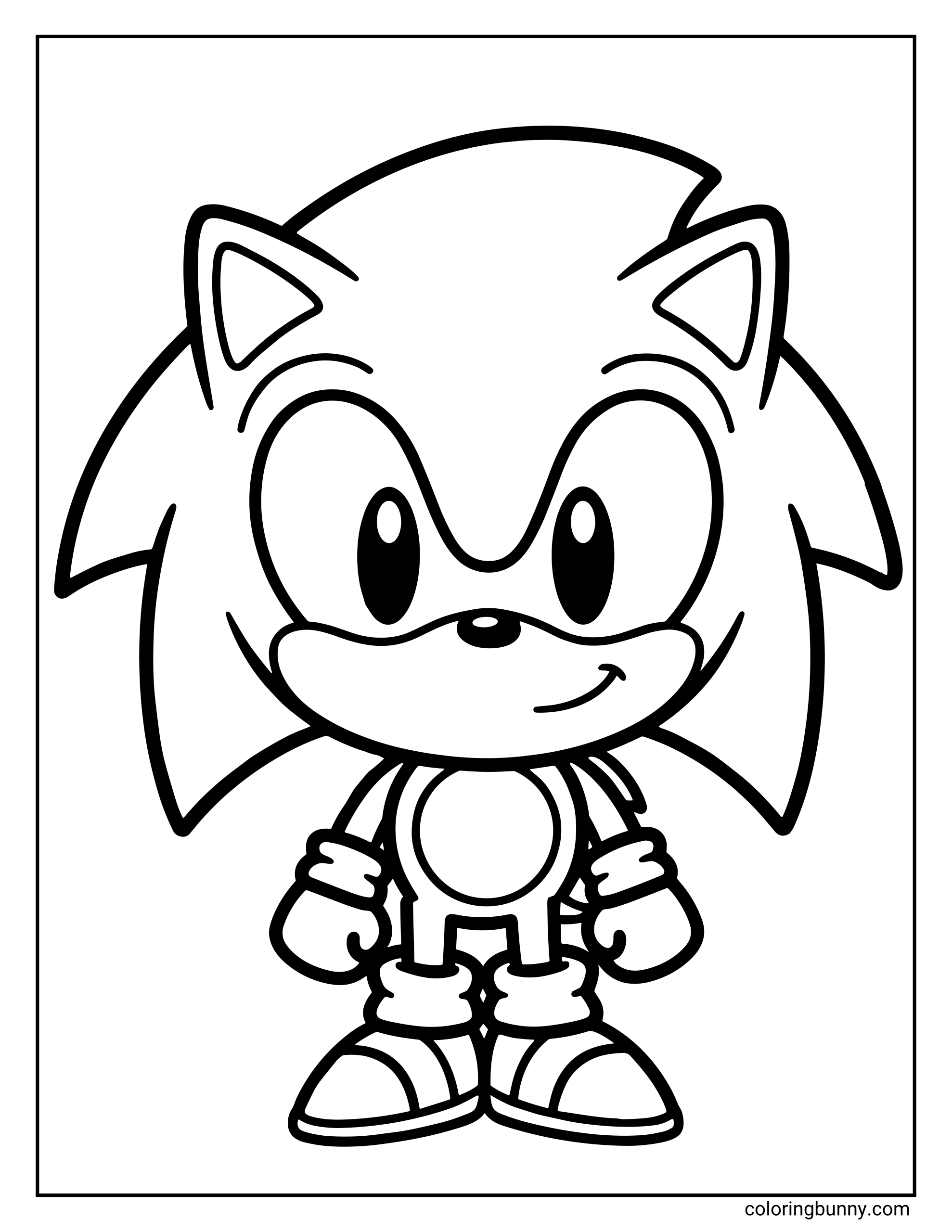 A cute kawaii / chibi-style coloring page of Sonic the Hedgehog standing with a happy smile, big eyes, and tiny proportions, ready for some cozy coloring fun.