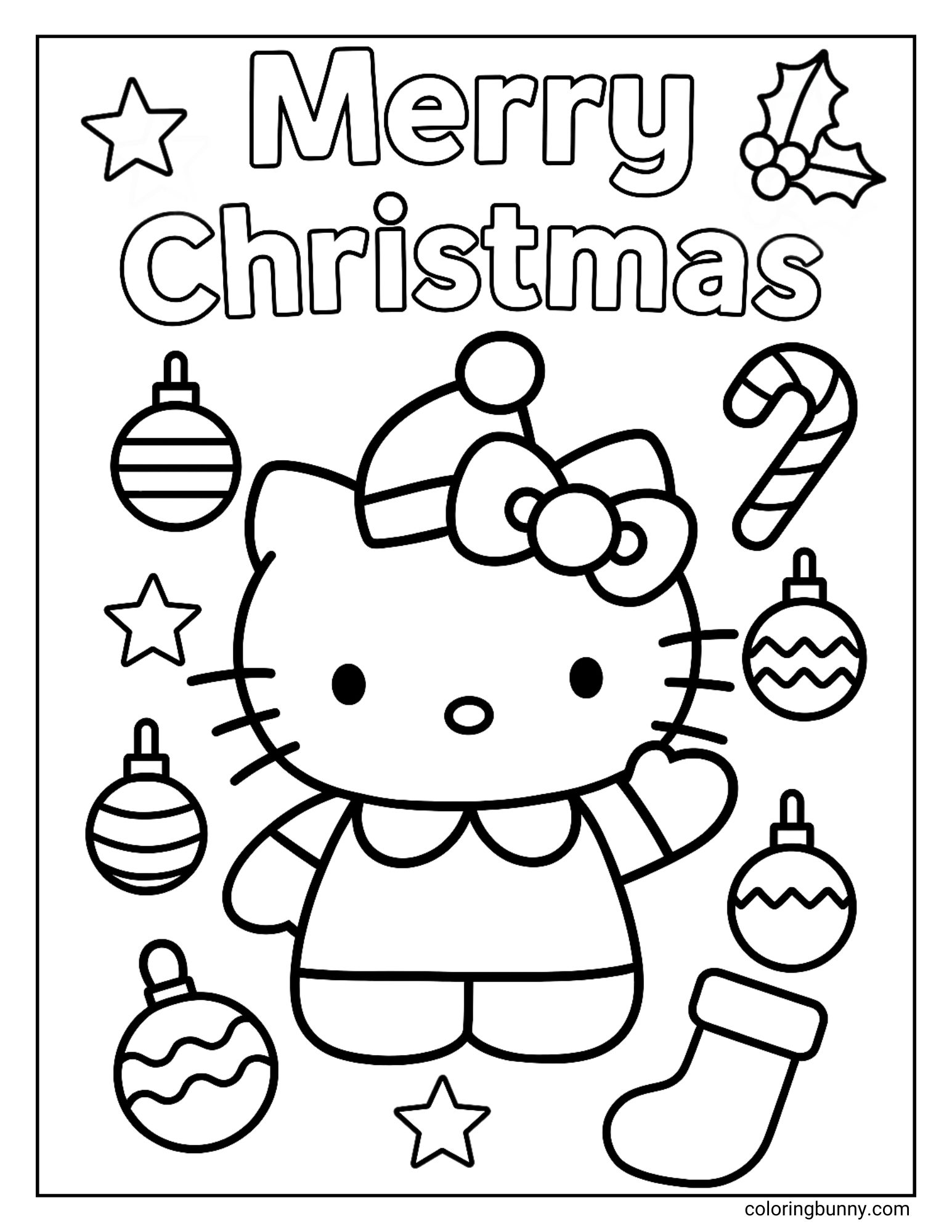 A simple Hello Kitty Christmas coloring page featuring Hello Kitty in a Santa hat, waving. The text "Merry Christmas" is at the top, and she is surrounded by ornaments, a candy cane, and a stocking.
